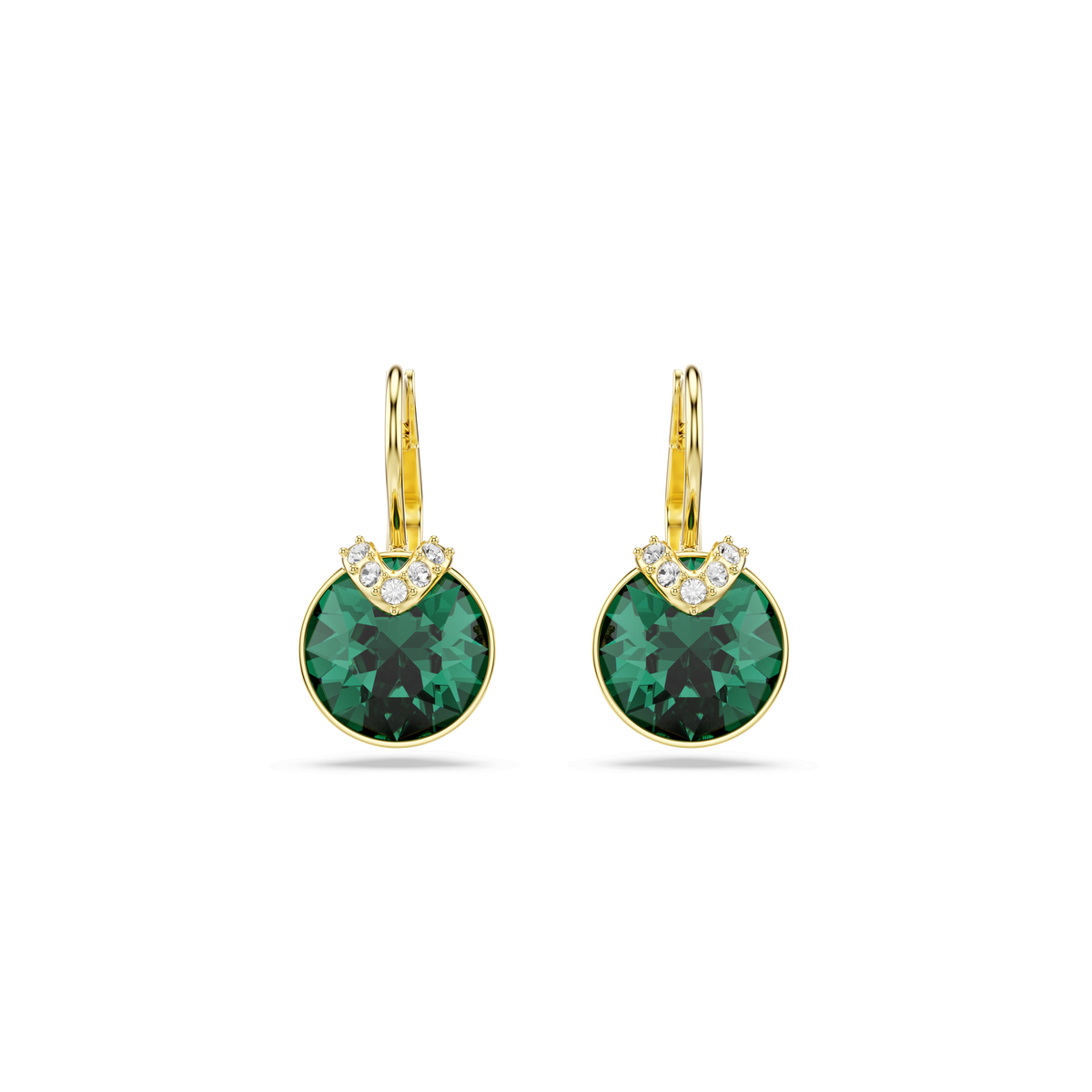 Swarovski Bella PE DROP EMER/GOS Earrings by Swarovski, featuring round green gemstones accented with small clear stones above each gem, displayed on a light gray background.