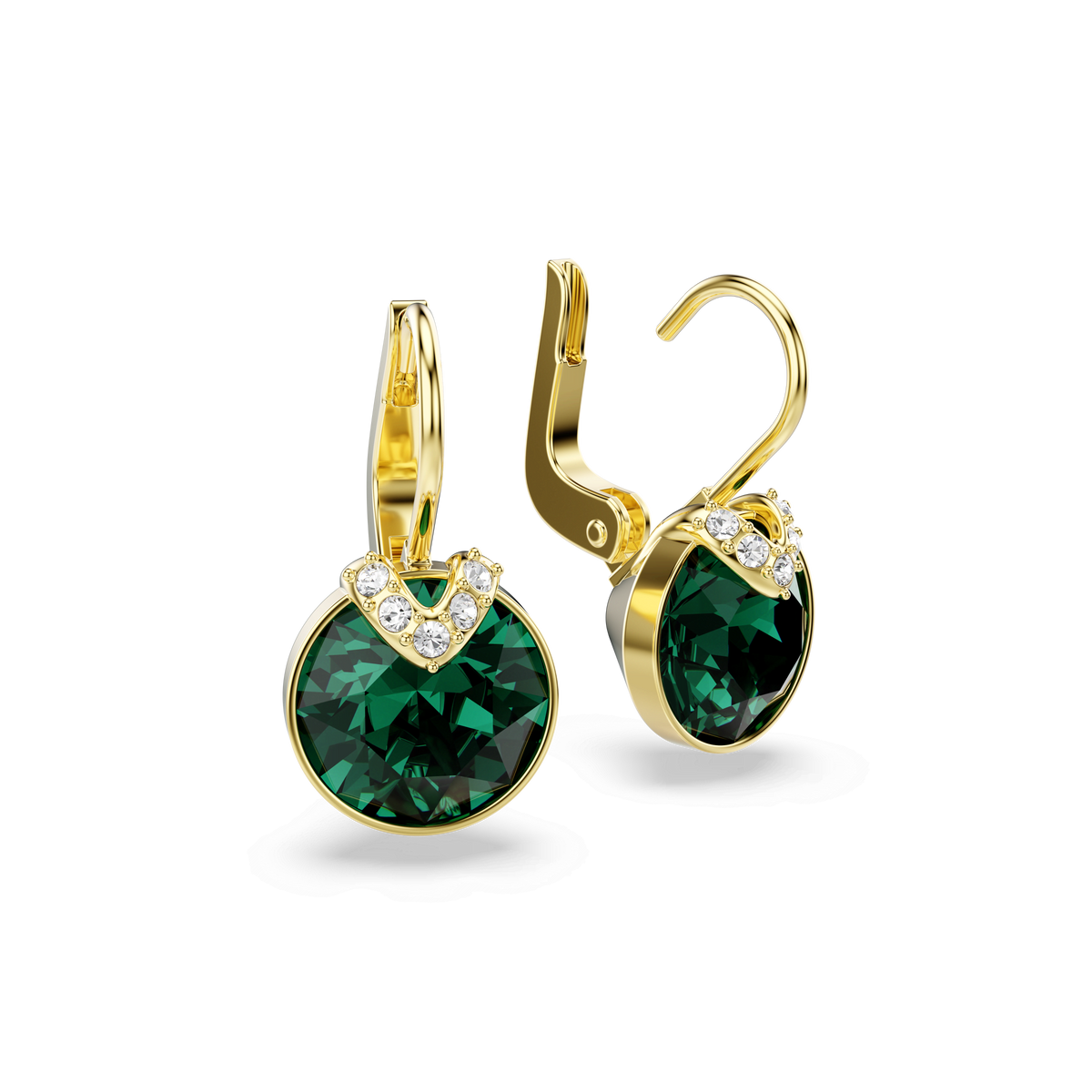 Swarovski Bella Earrings PE DROP EMER/GOS feature large round green gemstones accented by small clear crystals at the top, reminiscent of classic Swarovski style, and are displayed on a white background.