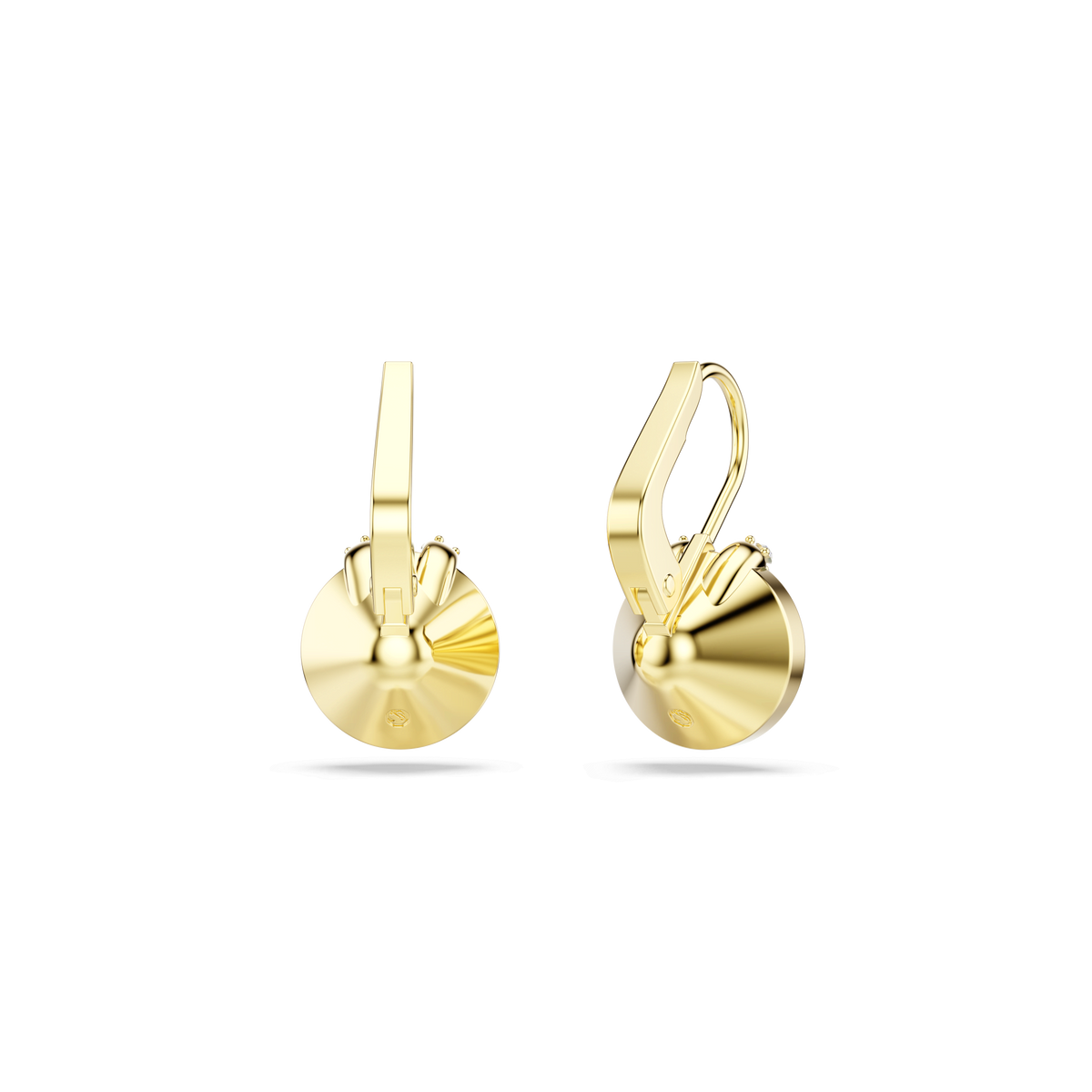 A pair of Swarovski Bella Earrings PE DROP EMER/GOS featuring round, shiny disc-shaped pendants and leverback hooks, inspired by elegant design, displayed on a plain white background.