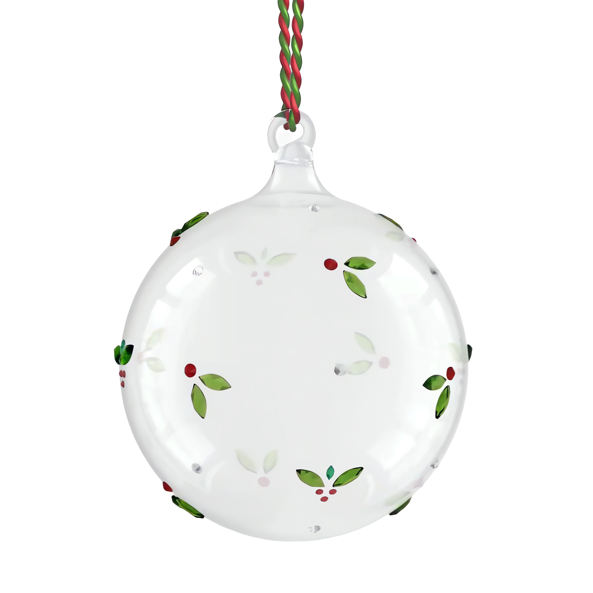 The Swarovski Holiday Cheers Mistletoe Ball Ornament by Swarovski is a clear glass ball adorned with a nature-inspired design of painted green leaves and red berries, reminiscent of mistletoe, and is elegantly suspended from a twisted red and green string.