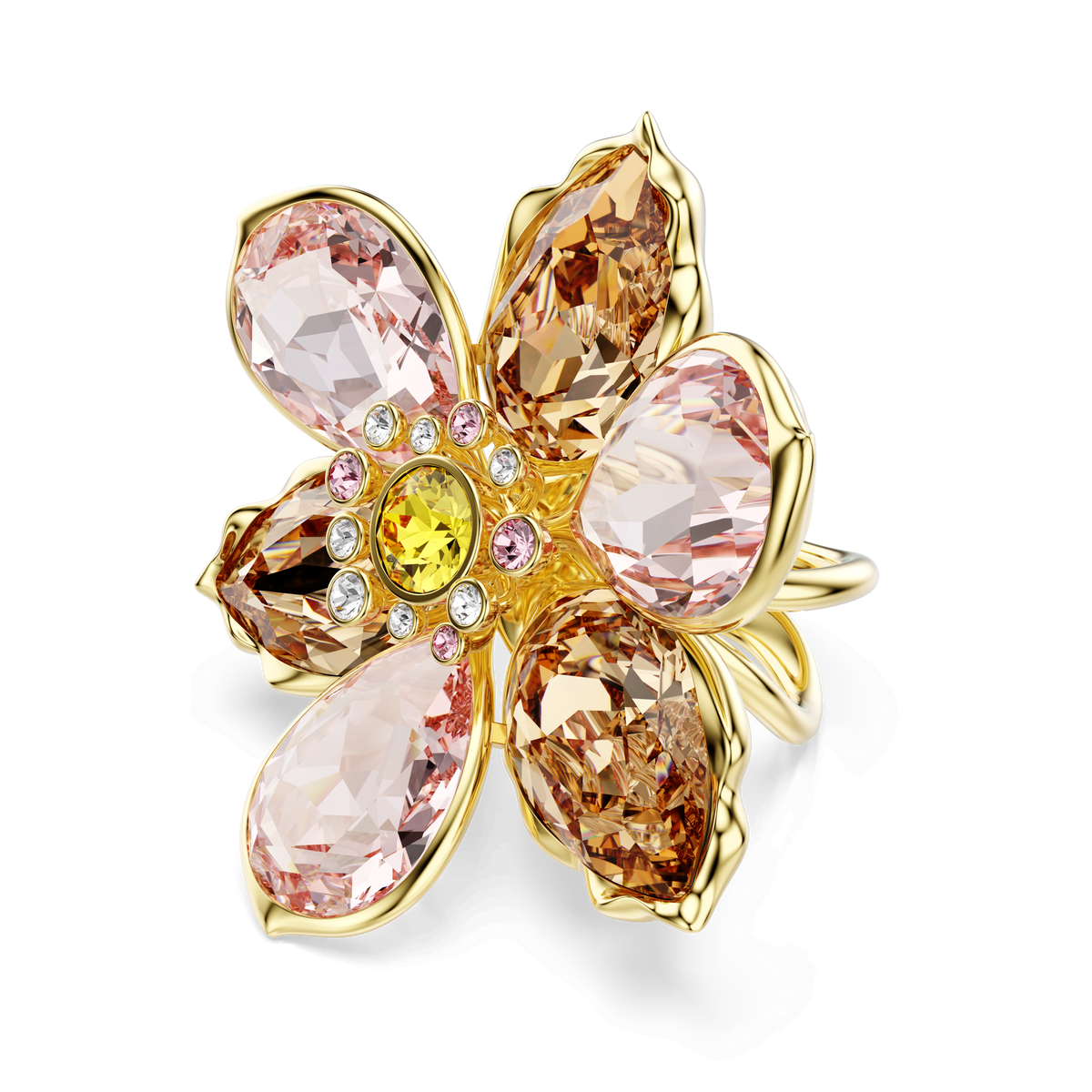 Introducing the Swarovski Idyllia Ring PINK MUL/GOS 58—a stunning gold-tone flower ring by Swarovski, adorned with five large pink and amber gemstones as petals, a round yellow center stone, and delicate pink and clear accent stones encircling the center. Available at Raffi Jewellers, your trusted source for Swarovski Canada.