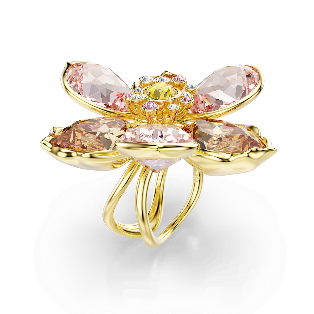 Presenting the Swarovski Idyllia Ring (PINK MUL/GOS 58 Style)—a stunning gold ring adorned with a large flower motif, featuring vibrant pink and yellow gemstones as petals surrounding a sparkling central cluster. Elegantly displayed against a white background, this dazzling creation is available from Raffi Jewellers, an authorized retailer of Swarovski Canada.