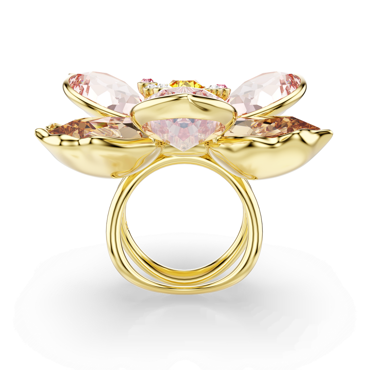 The Swarovski Idyllia Ring PINK MUL/GOS 58 showcases an intricate floral design, with multiple large, faceted pink gemstones arranged as petals around the setting. Viewed from the front against a white background, this exquisite ring highlights the elegance and craftsmanship for which Swarovski is renowned.