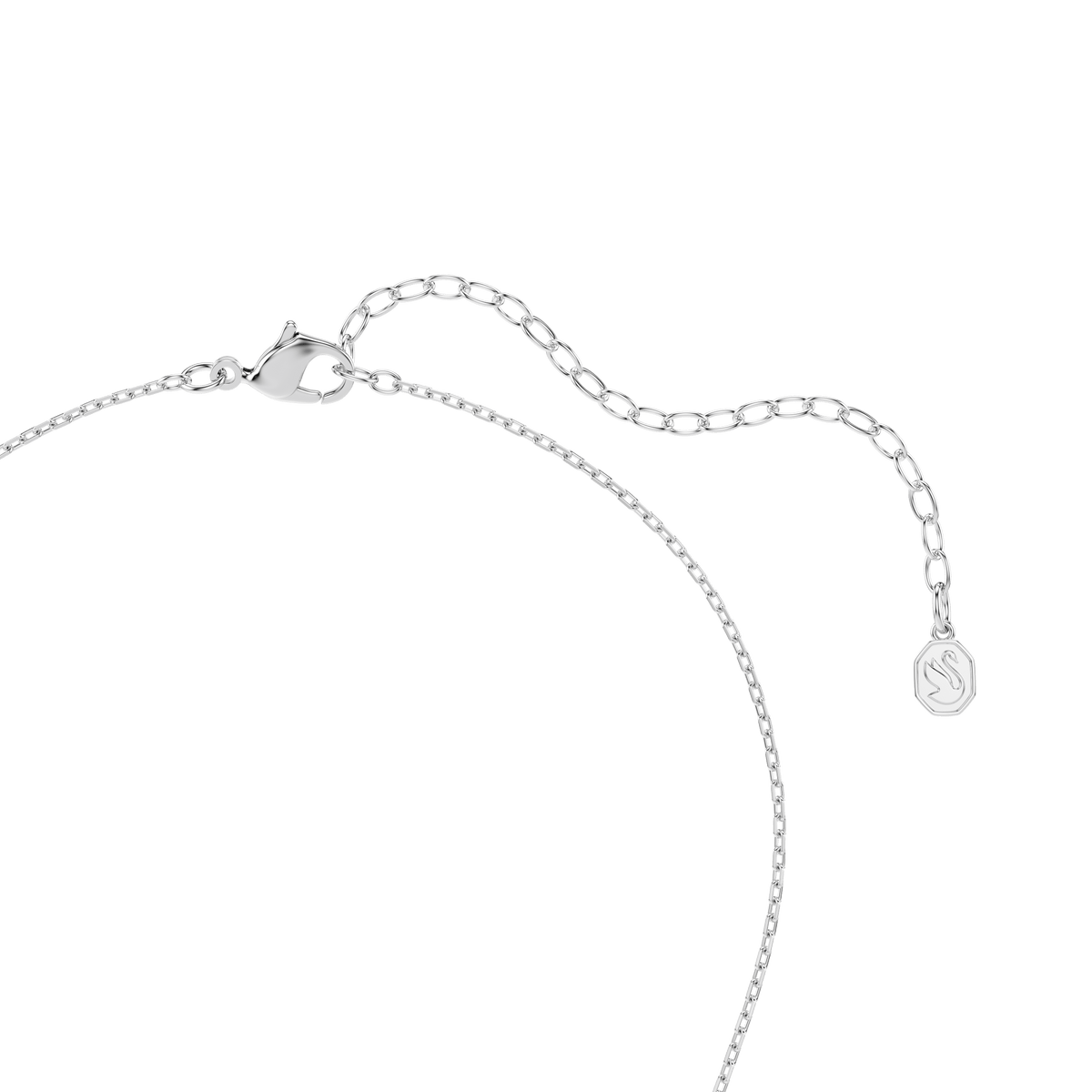 A close-up of the Swarovski Symbolica pendant showcases a delicate horseshoe-shaped centerpiece, beautifully crafted with round-cut pavé crystals and a lustrous crystal pearl. The rhodium-plated design features an adjustable chain with a lobster clasp and a small round charm at the end, all set against a plain white background for an elegant finish.