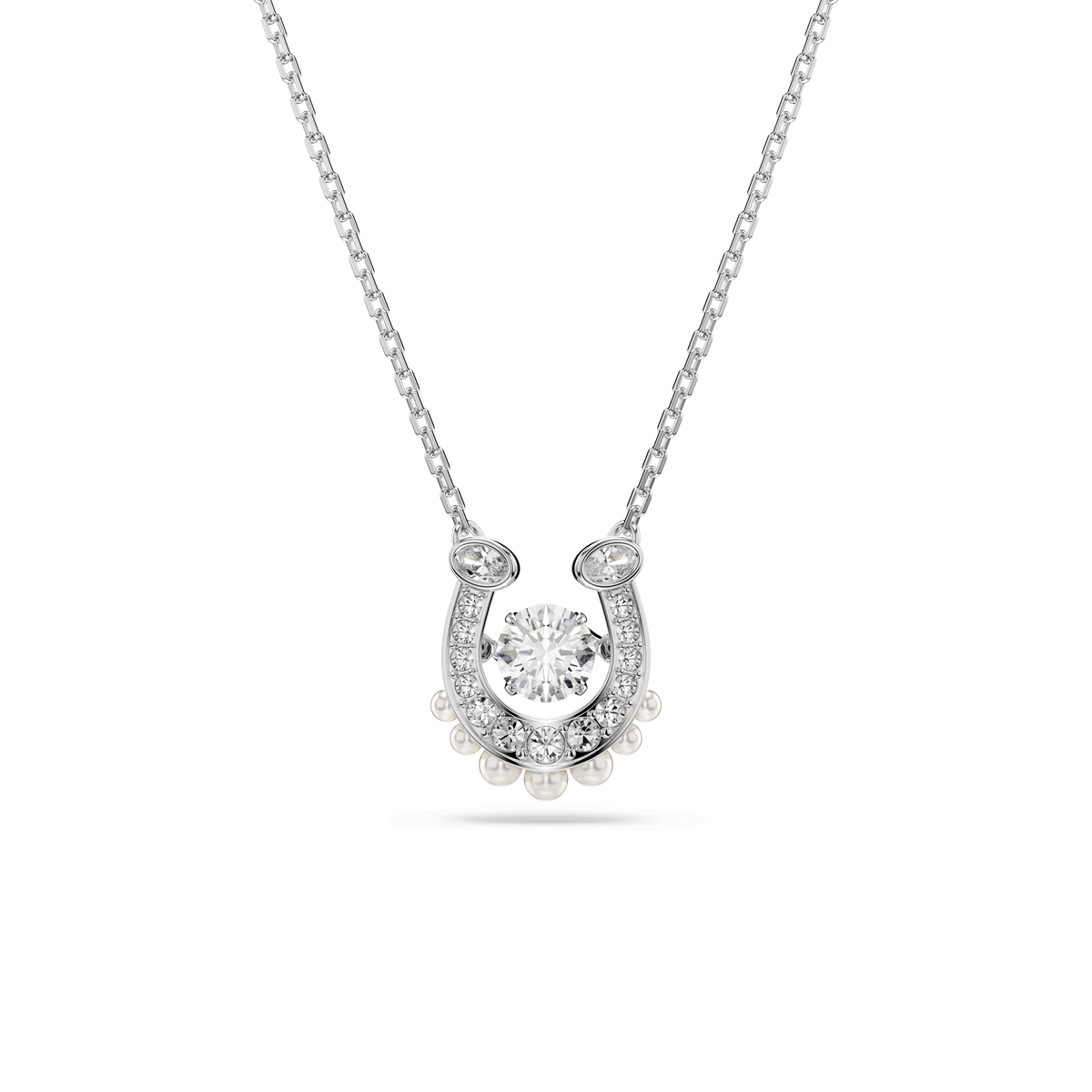 Swarovski Symbolica pendant in a rhodium-plated horseshoe design, featuring a central round cut diamond, Swarovski Crystal Pearls along the bottom edge, and pavé-set additional small diamonds.