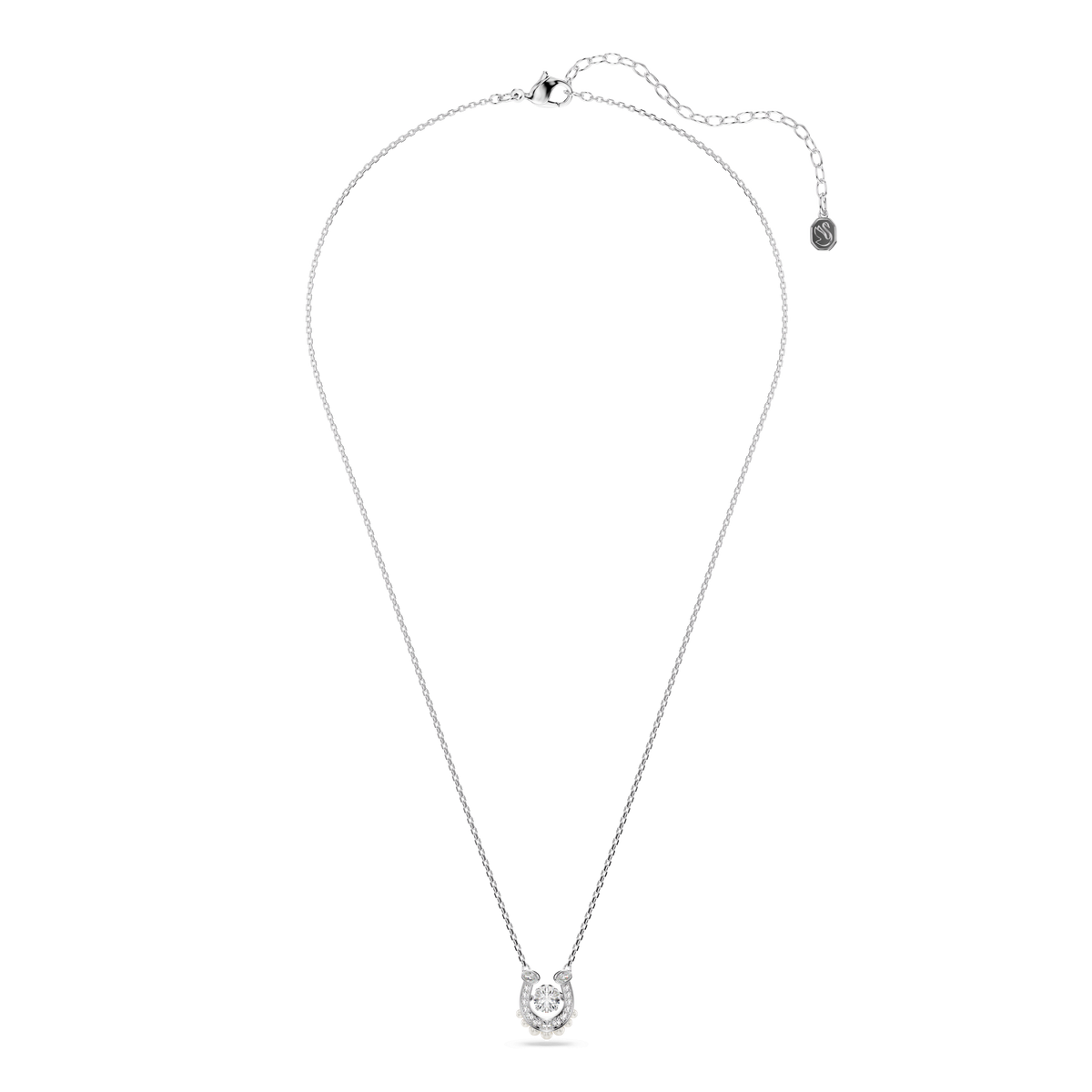 The Swarovski Symbolica pendant features a delicate horseshoe design adorned with round cut and pavé-set clear crystals, accented with a shimmering crystal pearl and finished in radiant rhodium plating. Presented beautifully on a white background, this elegant piece exemplifies Swarovski’s signature craftsmanship.