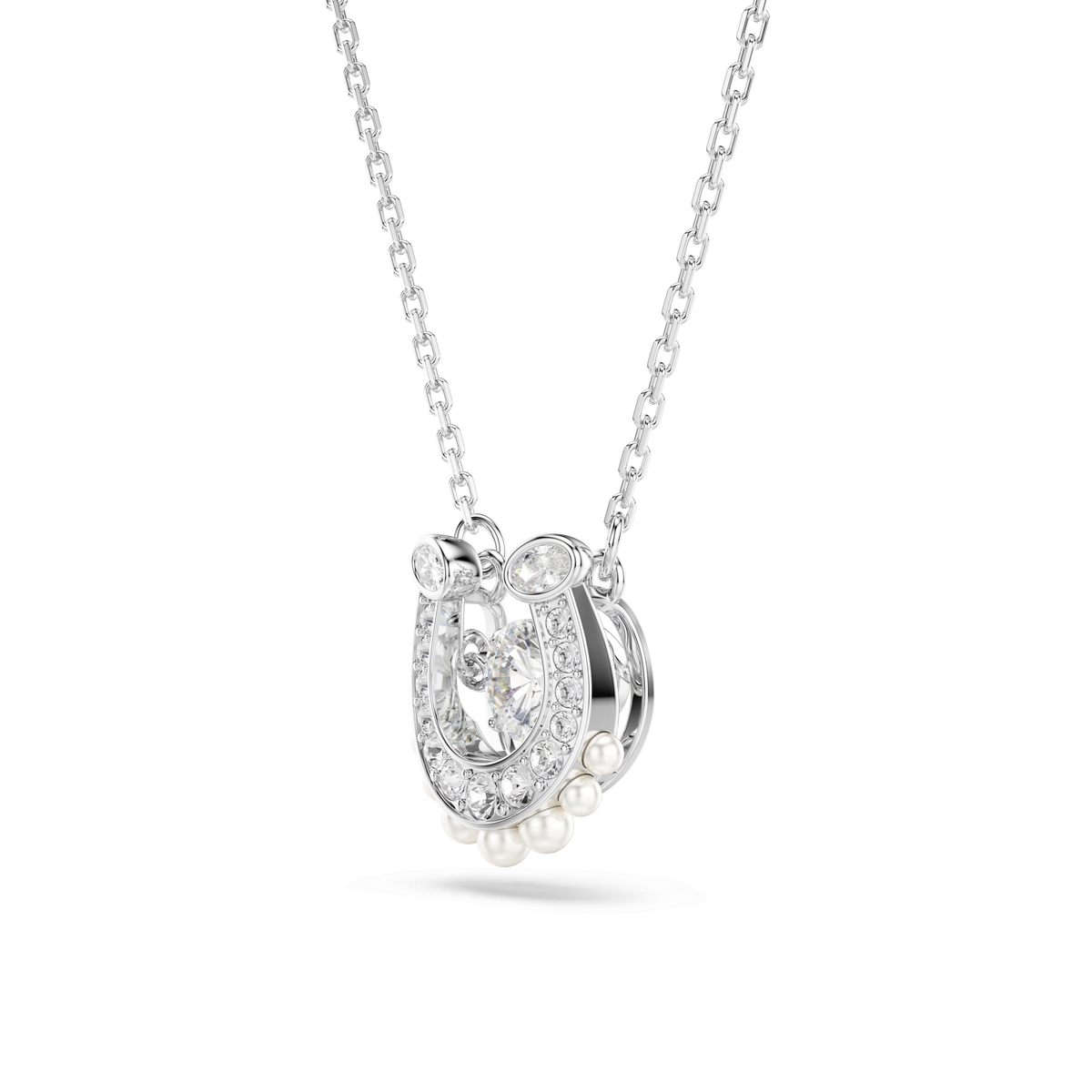 The Swarovski Symbolica pendant features a rhodium-plated horseshoe design, embellished with round-cut clear pavé crystals and luminous white Swarovski Crystal Pearls, suspended from a delicate chain.