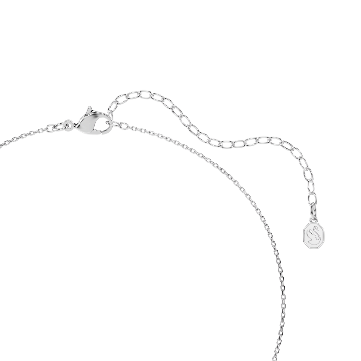 A close-up of the Swarovski Symbolica pendant, featuring a rhodium-plated adjustable chain with a secure lobster clasp and a small round charm. The elegant horseshoe pendant is adorned with sparkling pavé-set Swarovski Crystal Pearls in a classic white round cut, combining timeless design with lasting shine.