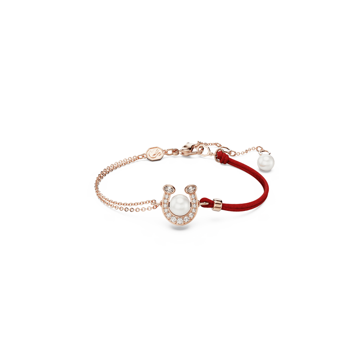 Discover the Swarovski Symbolica bracelet: a graceful horseshoe design in white with a luminous crystal pearl centerpiece, sparkling pavé detail, and an 18K rose gold finish. The adjustable chain is elegantly accented with a petite pearl charm for added sophistication.
