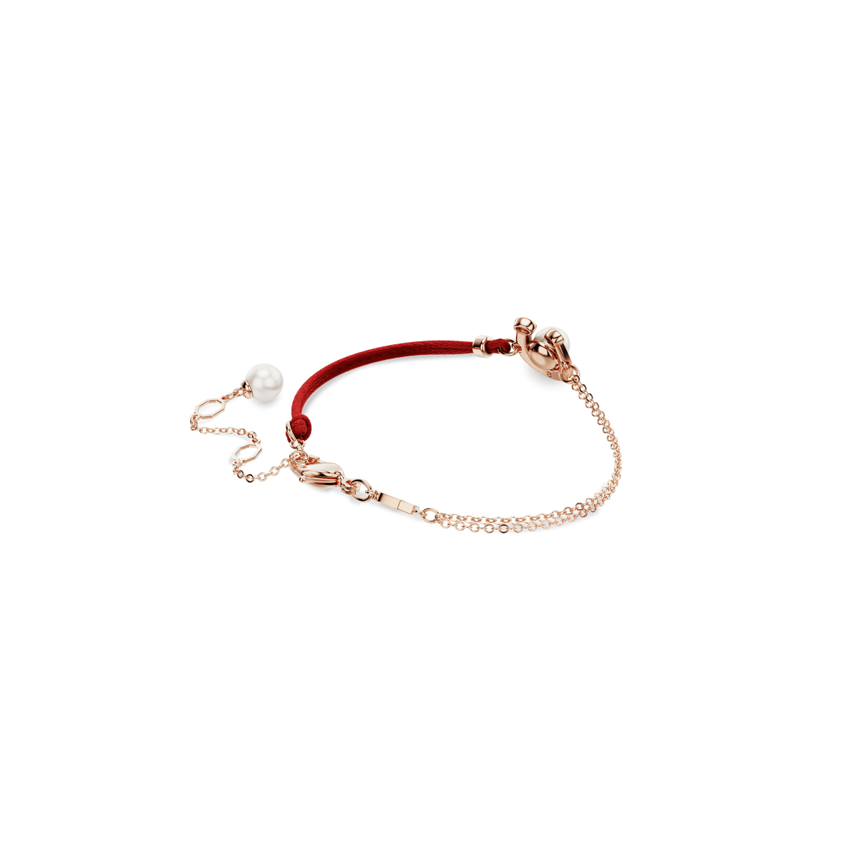 Showcased on a white background, the Swarovski Symbolica bracelet features a pavé-set horseshoe with a crystal pearl charm, complemented by a vibrant red cord and finished with an 18K rose gold chain and lobster clasp.