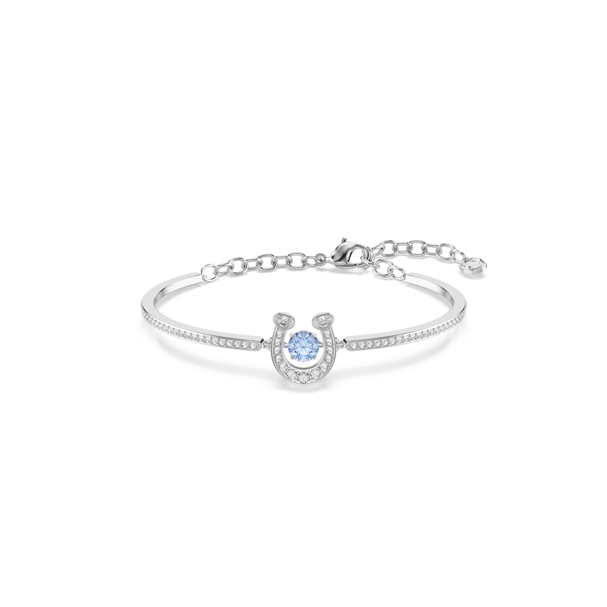 The Swarovski Symbolica bangle by Swarovski features a rhodium plated horseshoe-shaped charm adorned with round cut pavé and a central blue stone, complemented by small clear stones and finished with an adjustable chain clasp, displayed on a white background.