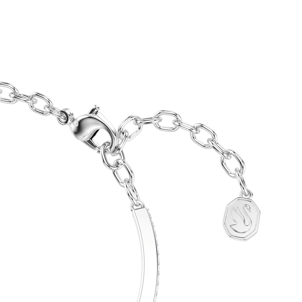 A close-up of the Swarovski Symbolica bangle, crafted in rhodium plating, featuring pavé detailing and a round cut horseshoe motif in blue, displayed on a plain white background.