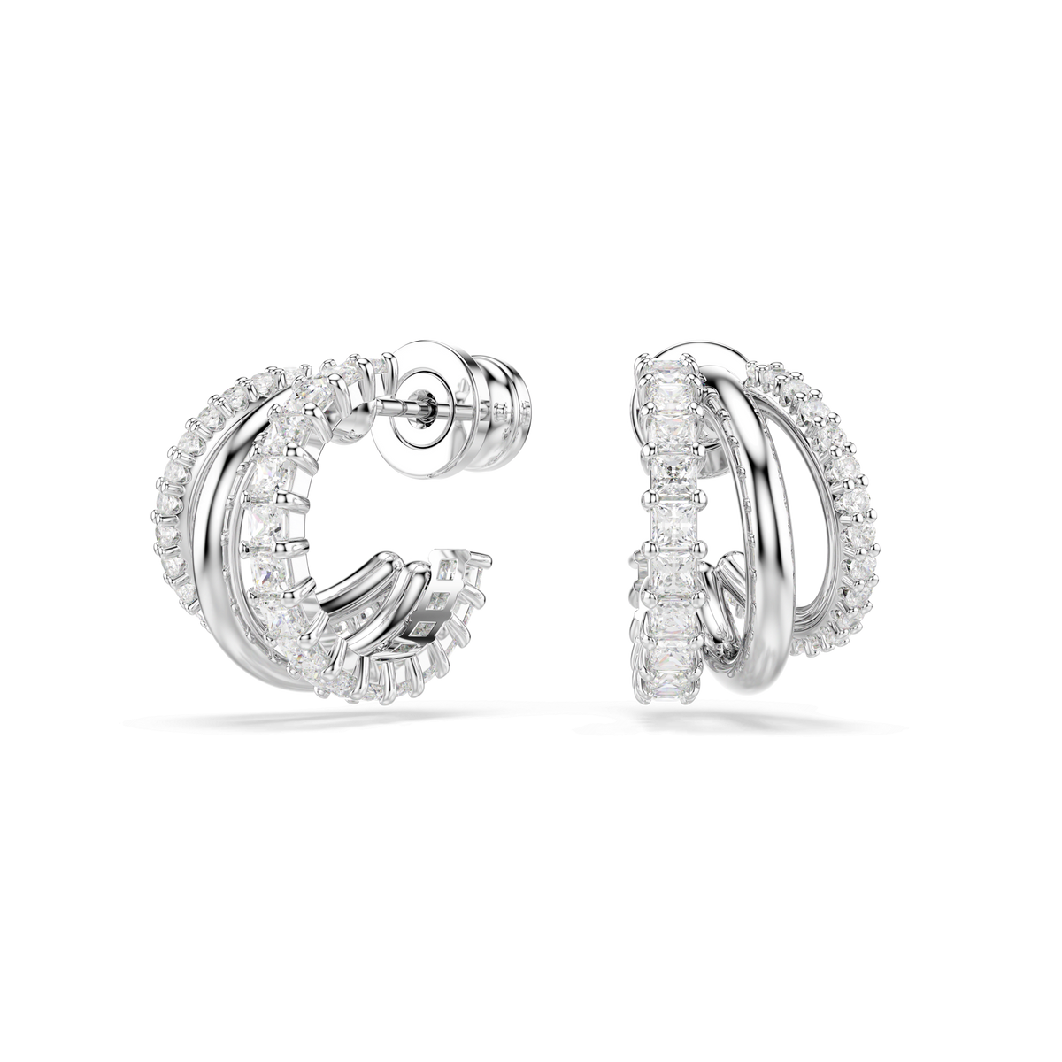 Swarovski Hyperbola mini hoop earrings, featuring round-cut white Swarovski Zirconia in a staggered pattern and finished with rhodium plating, are displayed on a plain white background.