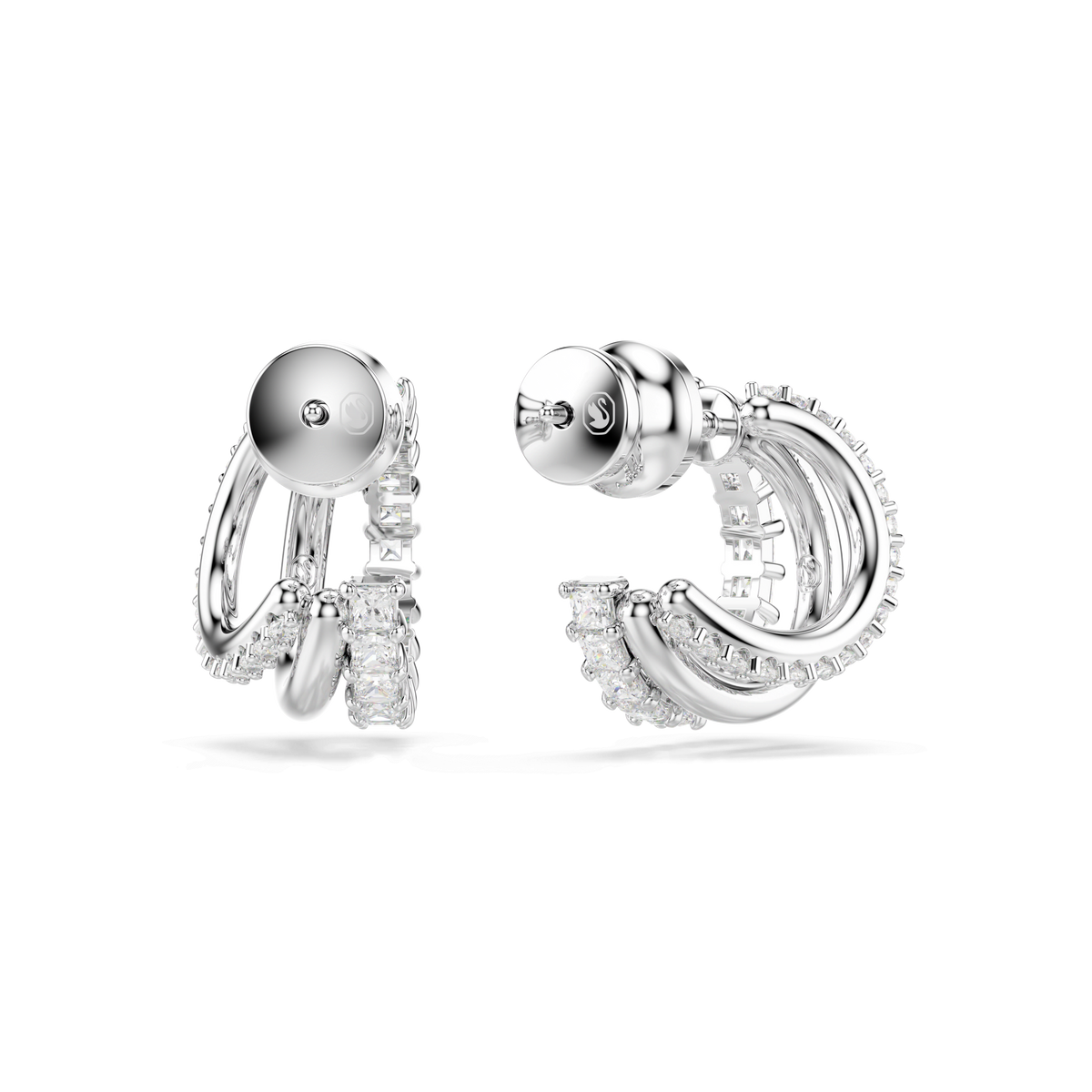 A pair of Swarovski Hyperbola hoop earrings, mini-sized with round-cut Swarovski Zirconia and a rhodium-plated finish, displayed against a plain white background.