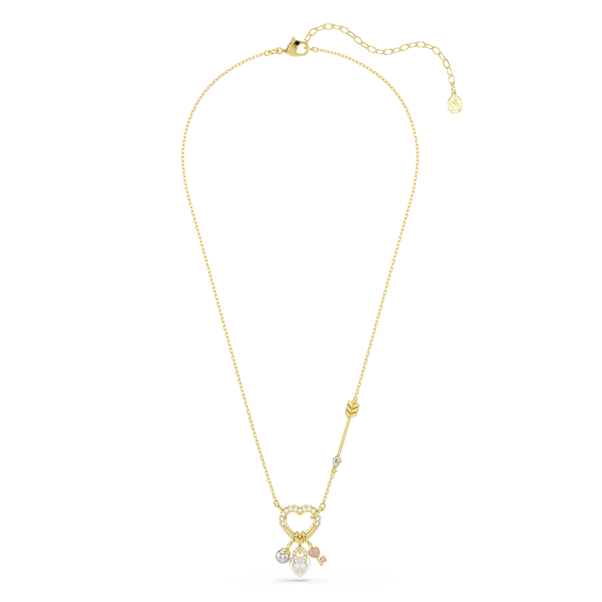 Discover the Swarovski Idyllia Pendant: an elegant gold-finish chain necklace featuring a captivating cluster of charms—including a heart, key, and pink accent—all highlighted by mixed-cut crystals. This 18K gold finish piece showcases a decorative knot detail on one side and features an adjustable clasp for the perfect fit on any occasion.