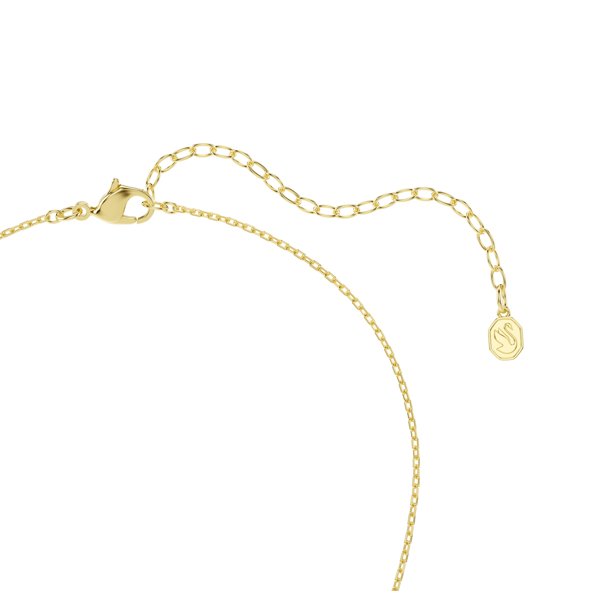 A delicate Swarovski Idyllia pendant necklace with a lobster clasp and extender, featuring mixed-cut heart and key motifs in pink and an 18K gold finish, elegantly displayed on a white background.