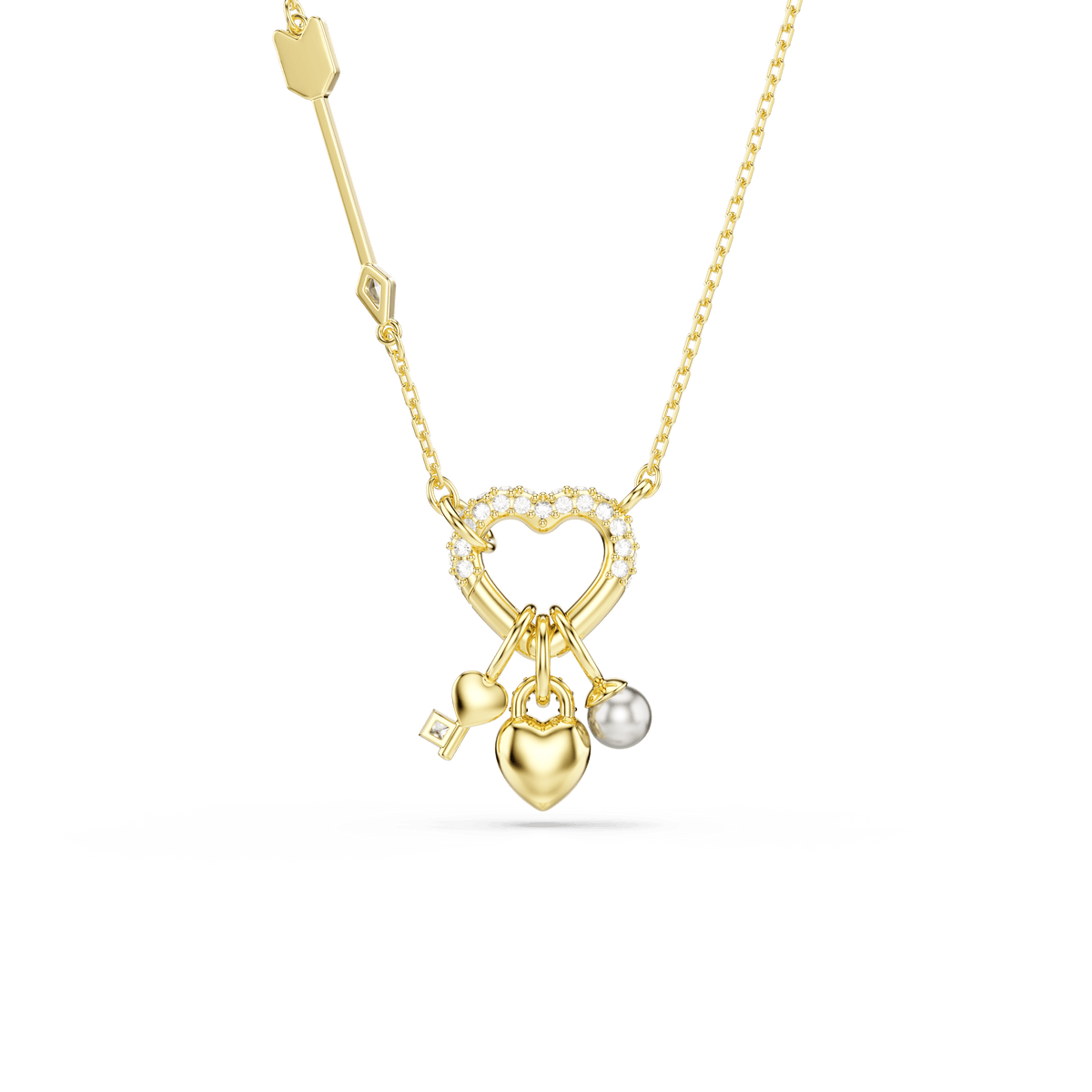Presenting the Swarovski Idyllia Pendant by Swarovski—an elegant gold necklace showcasing a heart-shaped pendant adorned with mixed-cut pink crystals. This stunning piece features an 18K gold finish and includes three unique charms: a heart, a key, and an accent charm, all suspended from a delicate chain. The pendant is beautifully accented with Swarovski Crystal Pearls and completed with a stylish heart-shaped carabiner for both secure and sophisticated wear.