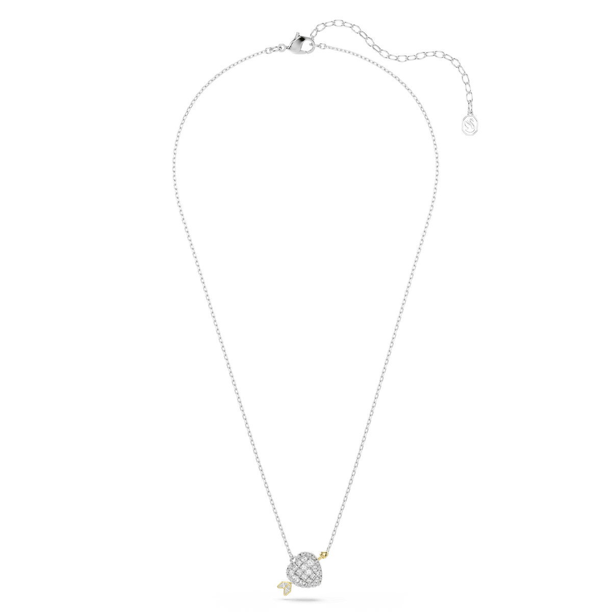 The Swarovski Idyllia pendant showcases a heart with an arrow design crafted in a mixed metal finish, featuring brilliant mixed-cut stones and presented by Swarovski against a white background.