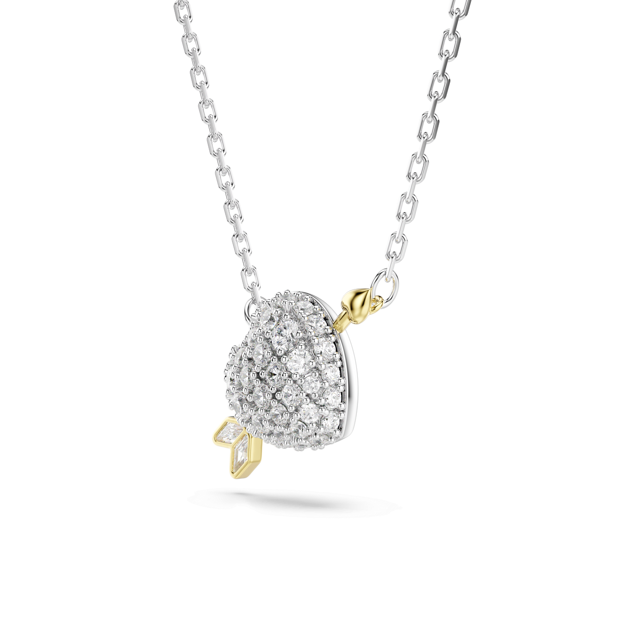 Introducing the Swarovski Idyllia pendant—a heart-shaped necklace with a graceful arrow motif, crafted in a mixed metal finish and featuring brilliant white Swarovski zirconia in mixed cuts. Elegantly suspended from a sleek chain, this piece by Swarovski gleams spectacularly against a pristine white background.