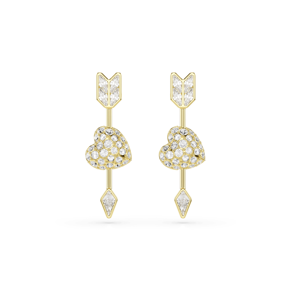 Swarovski Idyllia drop earrings, featuring mixed-cut gems in the shape of hearts pierced by arrows and finished in 18K gold, are showcased against a plain white background.