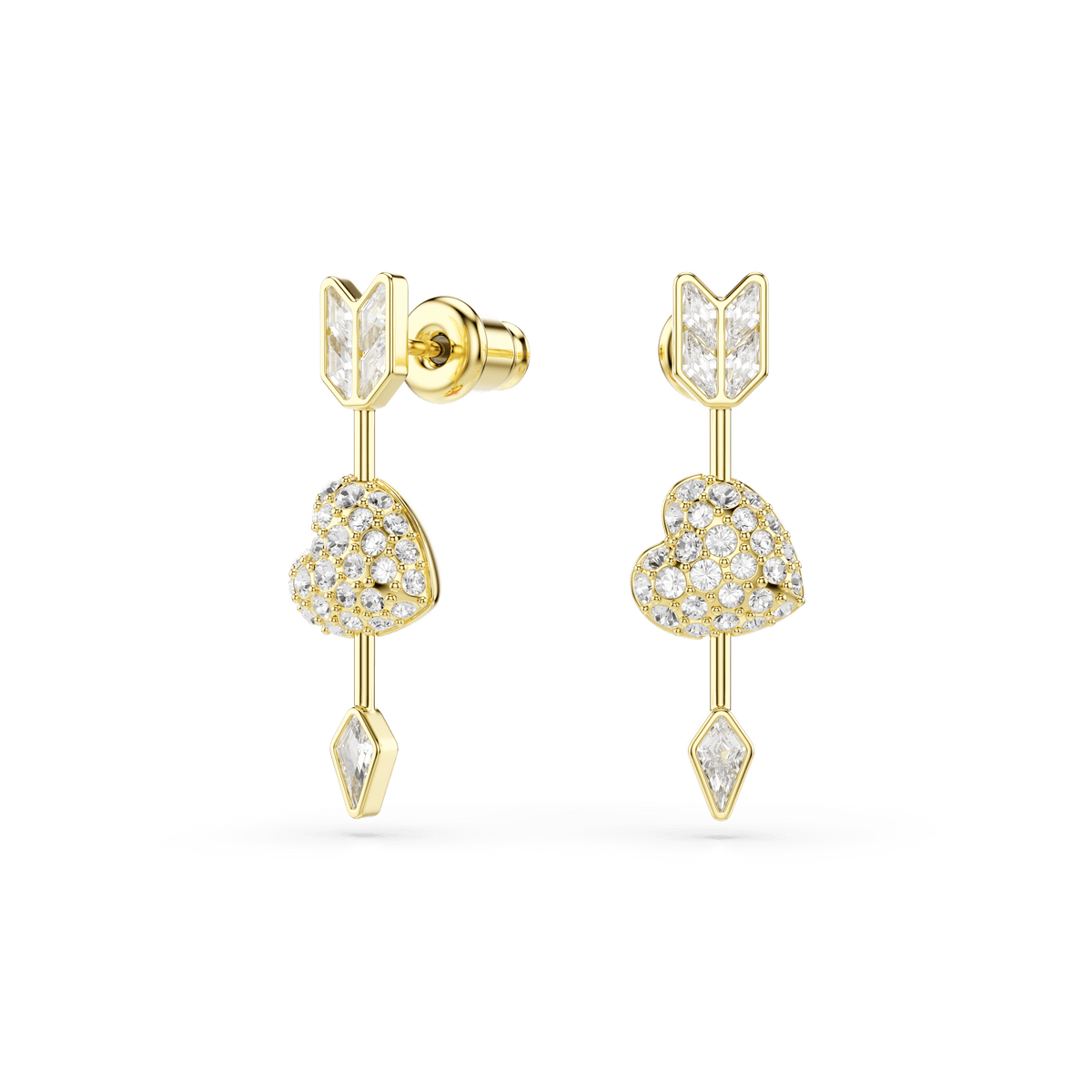 Swarovski Idyllia drop earrings, featuring mixed-cut crystals in heart-with-arrow motifs and finished in 18K gold, are showcased against a plain white background.