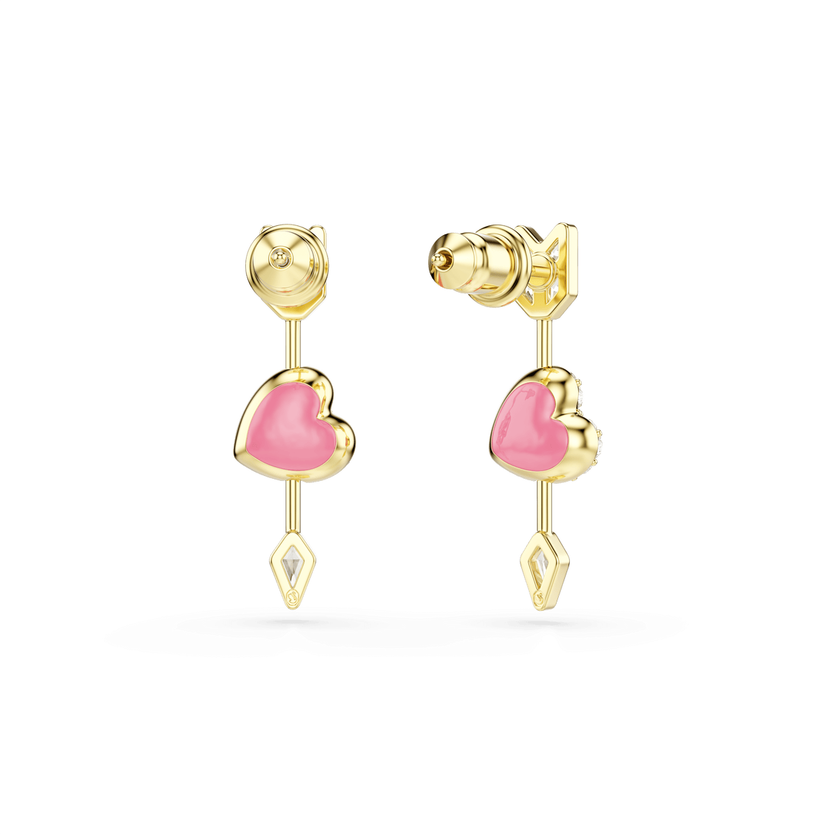 The Swarovski Idyllia drop earrings feature heart-shaped charms pierced with arrows and various mixed-cut accents below the hearts, all finished in 18K gold, displayed on a plain white background.