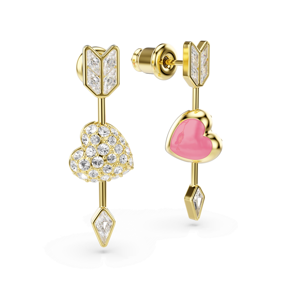 Introducing the Swarovski Idyllia drop earrings: These elegant 18K gold-finished earrings feature heart-shaped centers struck by arrows, with one earring adorned with clear crystals and the other showcasing a pink enamel heart. Accented by diamond-shaped decorations and crafted with secure post backings, these mixed-cut love heart earrings from Swarovski are perfect for any occasion.