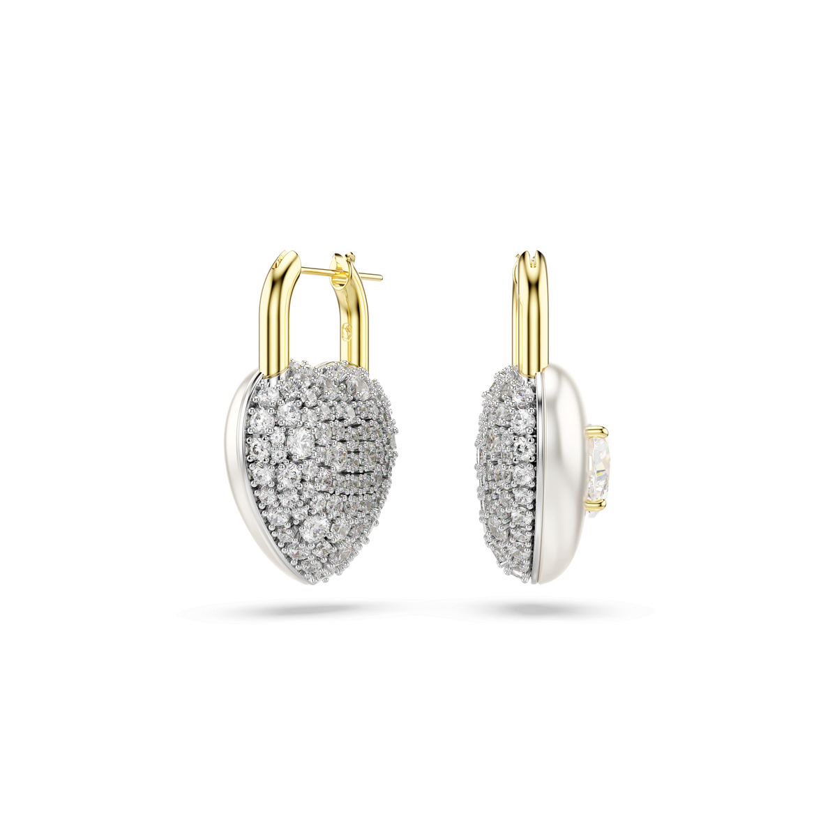 Swarovski Idyllia drop earrings, featuring heart-shaped mixed-cut Swarovski Zirconia and a unique lock-inspired design, are showcased from the front and side on a plain white background. These elegant 18K gold-finished earrings by Swarovski blend timeless charm with modern sophistication.