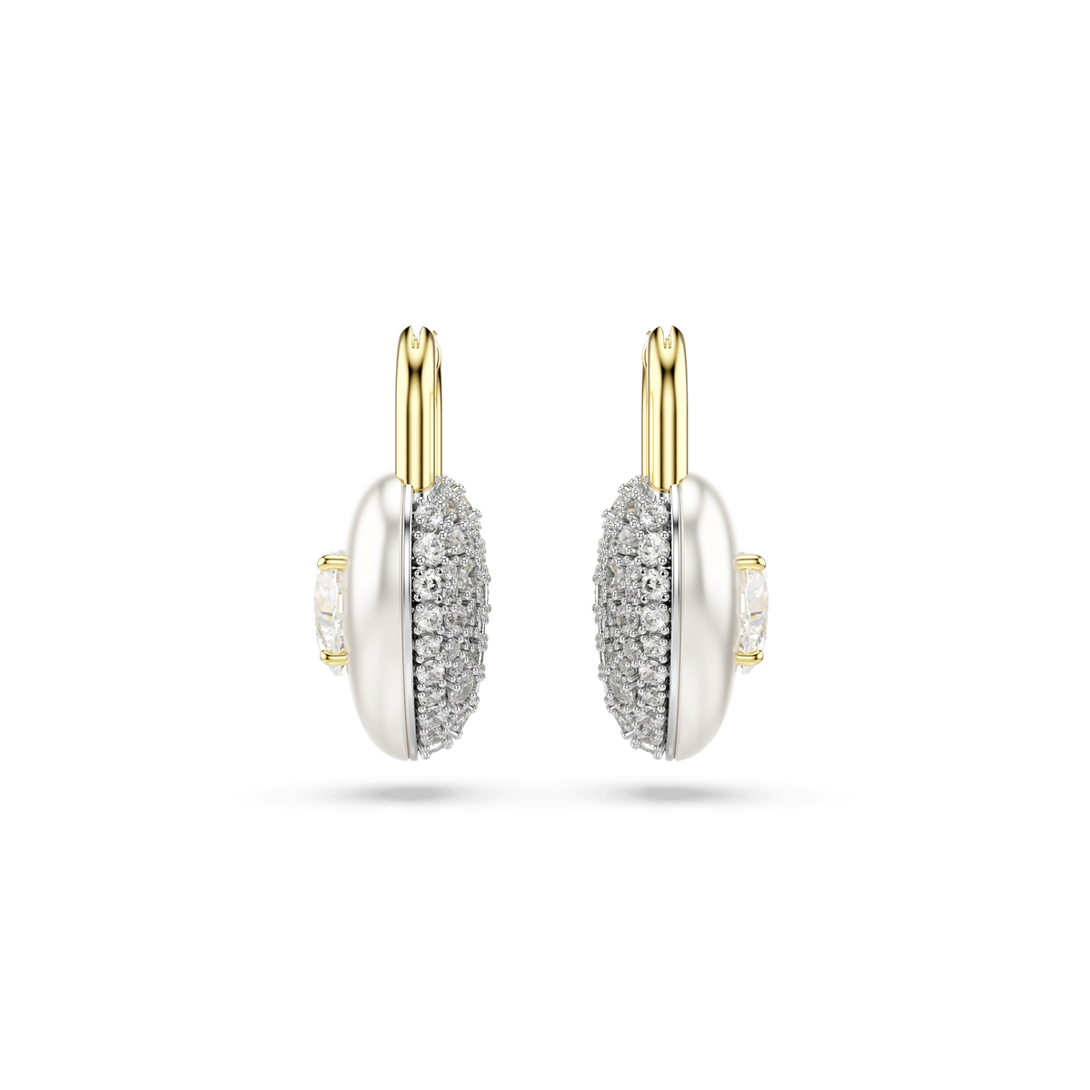 A pair of Swarovski Idyllia drop earrings featuring mixed-cut heart-shaped Swarovski Zirconia with elegant oval white accents and an 18K gold finish, shown against a plain white background.