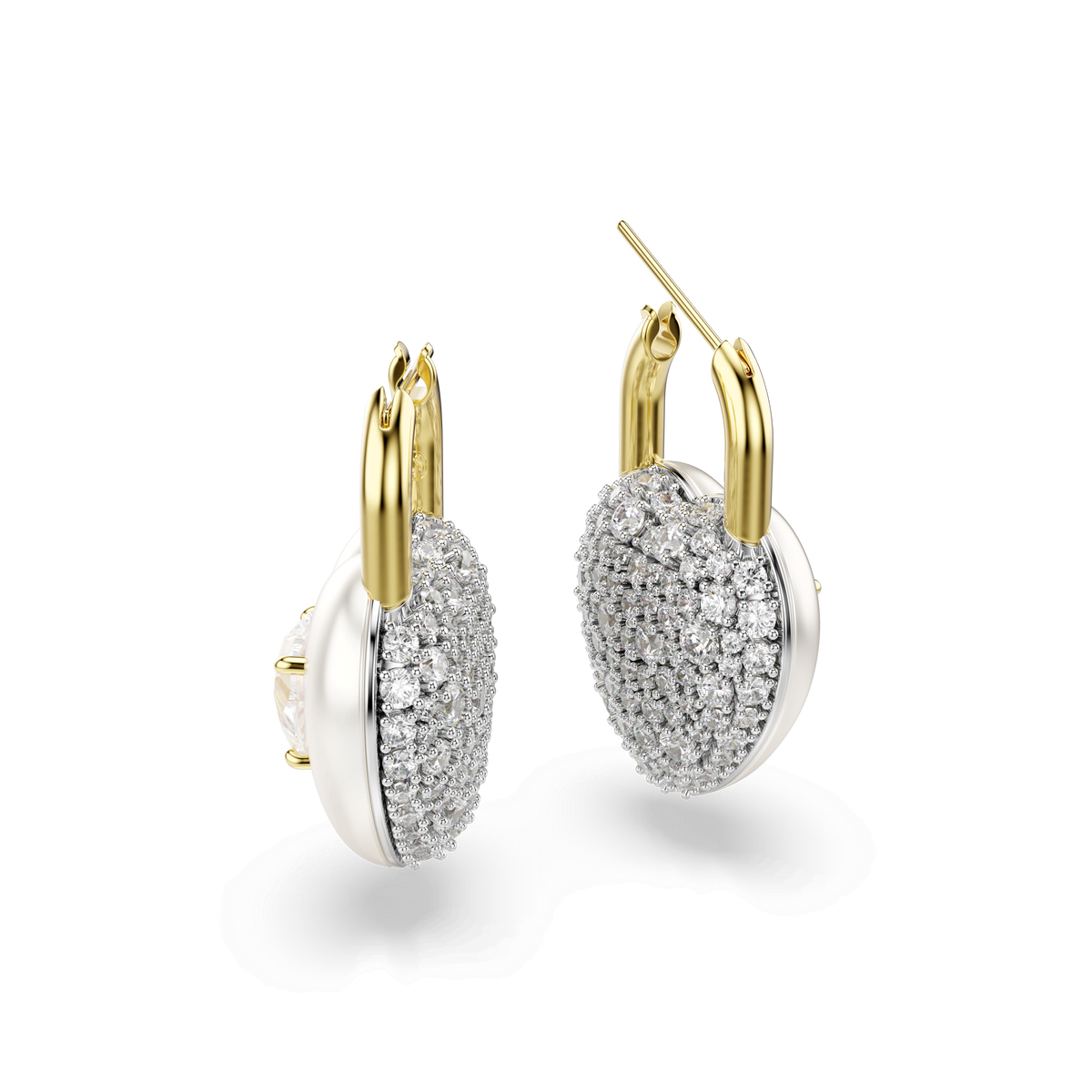 A pair of Swarovski Idyllia drop earrings in 18K gold finish, featuring heart-shaped mixed-cut stones, displayed from a rear angle on a plain white background.