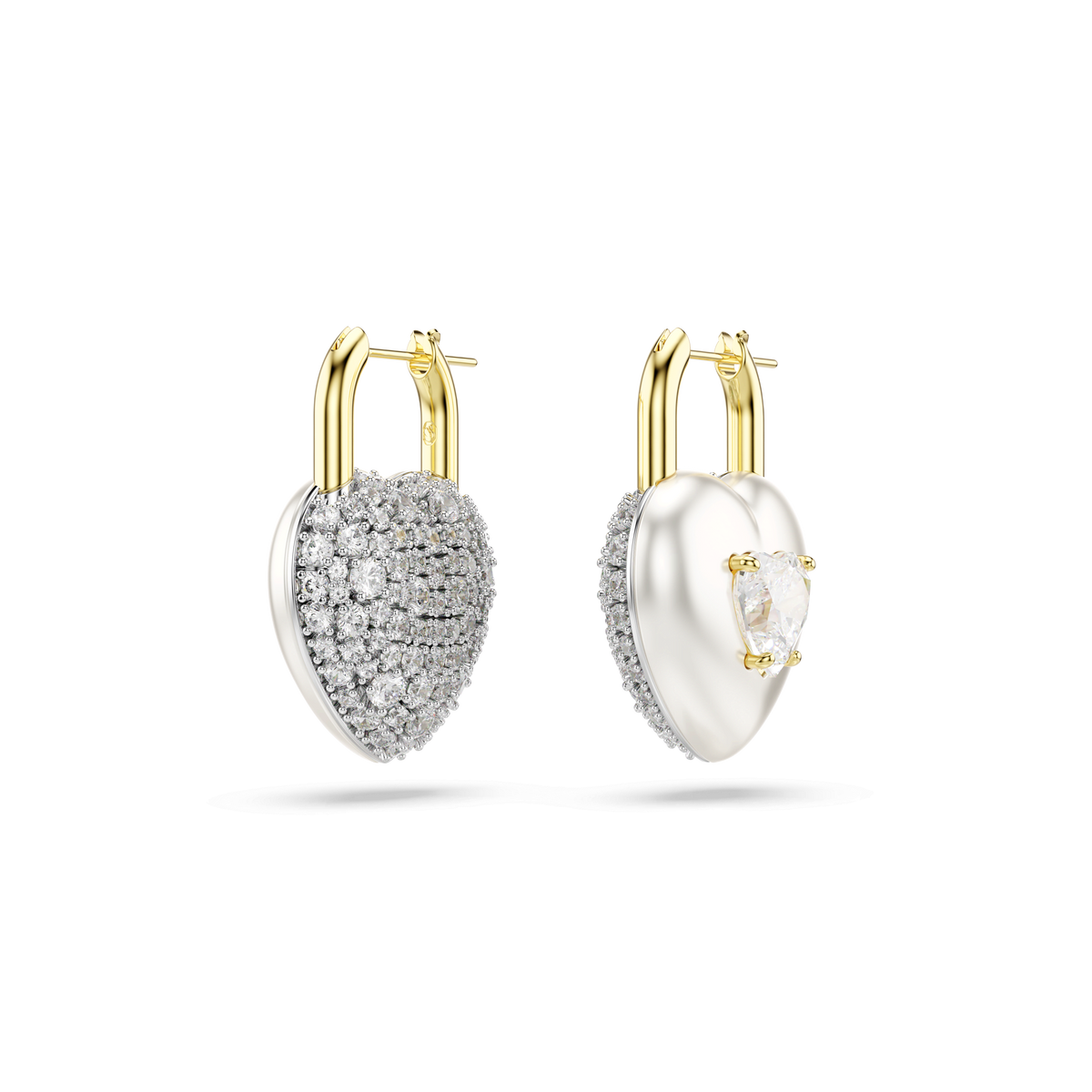 Showcasing a modern padlock-inspired silhouette and an elegant 18K gold finish, the Swarovski Idyllia drop earrings feature heart-shaped charms—one adorned with sparkling mixed-cut Swarovski Zirconia, the other boasting a smooth surface with a prominent central gemstone.