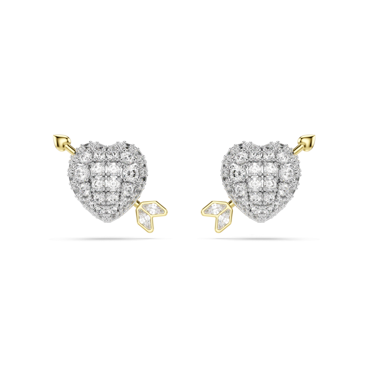 Swarovski Idyllia stud earrings, featuring heart-shaped and arrow designs with mixed metal finishes and sparkling Swarovski Zirconia, set against a plain white background.
