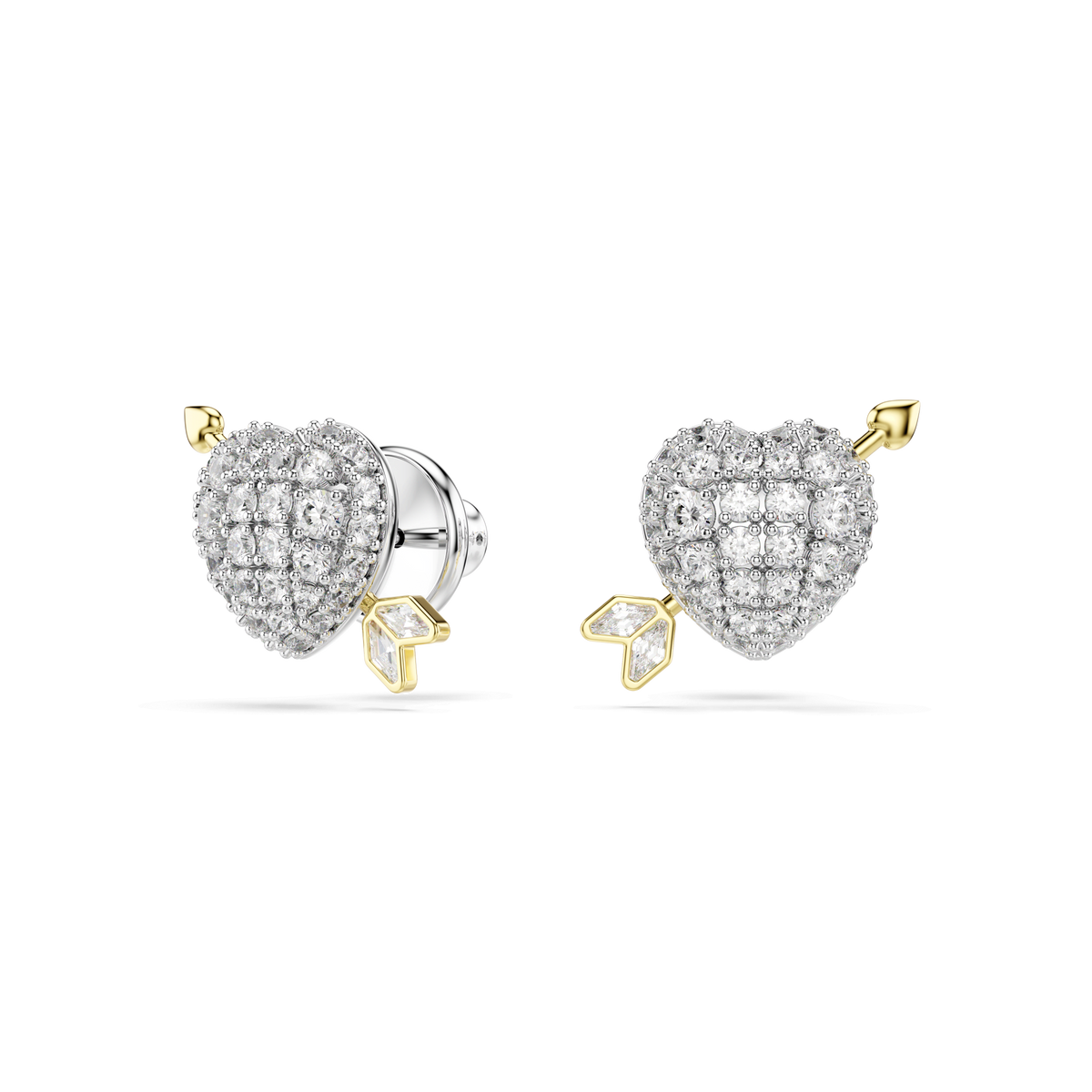 Swarovski Idyllia stud earrings, featuring a heart with arrow design in a white and mixed metal finish and sparkling with mixed cut Swarovski Zirconia, are displayed on a plain white background.