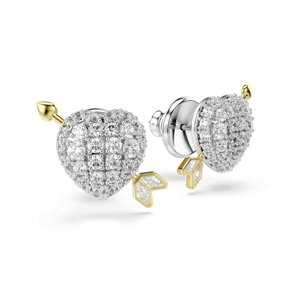 Introducing the Swarovski Idyllia stud earrings by Swarovski—featuring a heart-shaped design with sparkling white mixed-cut stones and an elegant arrow detail. These earrings showcase a shiny silver base complemented by a luxurious mixed metal finish, creating a textured, radiant surface.