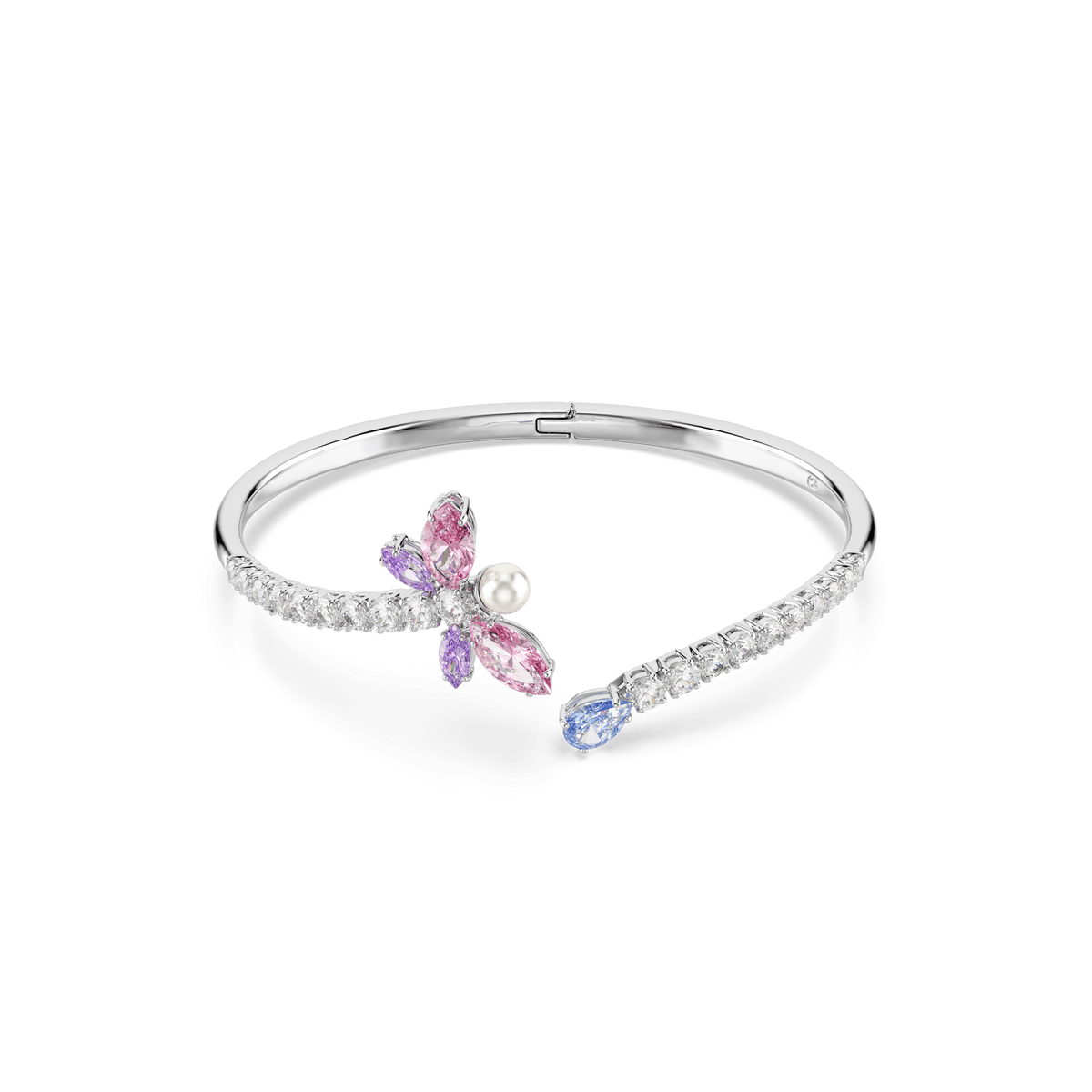 Here’s a rewritten sentence using the product data: The Swarovski Ariana Grande x Swarovski bangle is a rhodium-plated bracelet adorned with mixed-cut, multicolored gemstones and features a dragonfly motif.