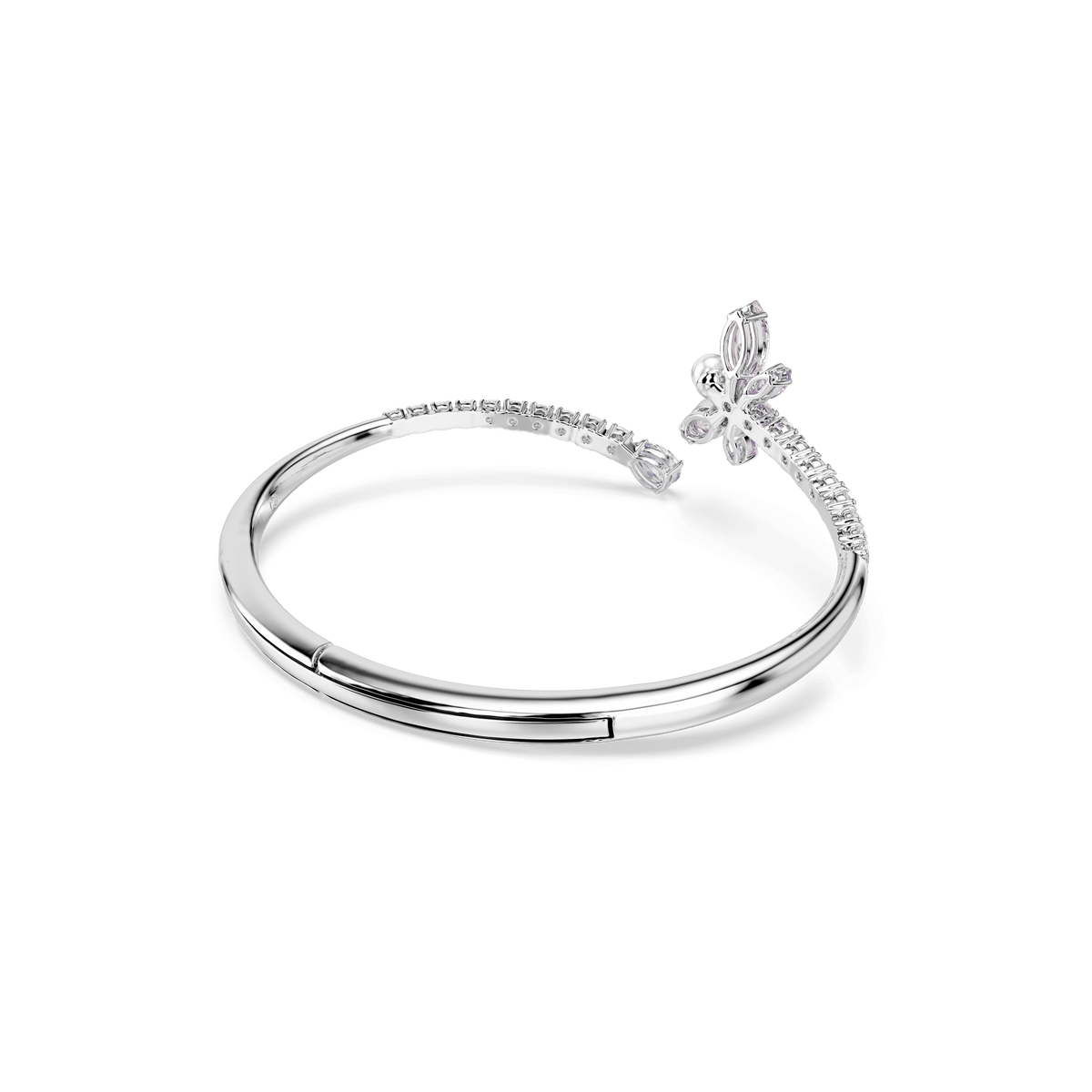 A Swarovski Ariana Grande x Swarovski bangle featuring mixed cuts in a dragonfly motif with multicolored accents and rhodium plating, displayed on a white background.