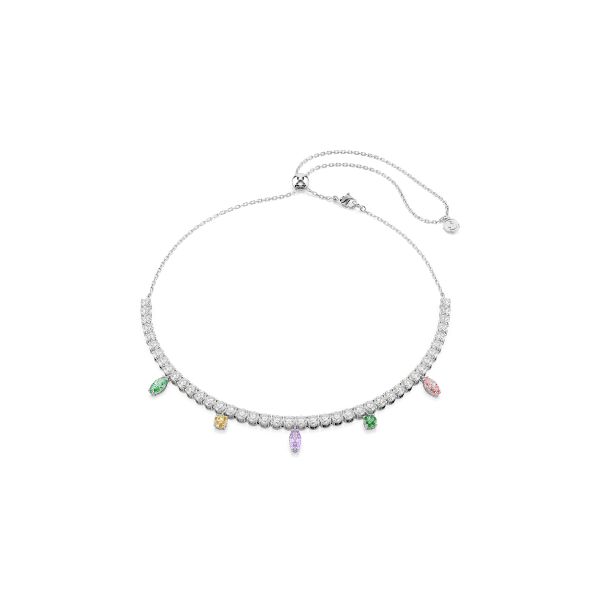 The Swarovski Ariana Grande x Swarovski necklace features a rhodium-plated silver chain adorned with clear round gems and five colorful oval gemstones in green, yellow, purple, blue, and pink. Embellished with sparkling Swarovski Zirconia accents and designed for adjustability, this mixed-cut multicolored jewelry piece by Swarovski is showcased against a plain white background.
