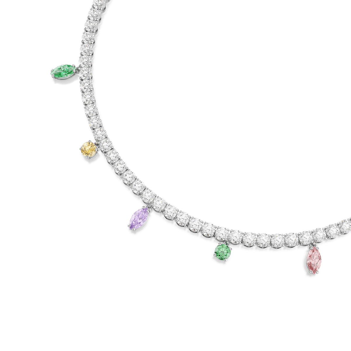 The Swarovski Ariana Grande x Swarovski necklace, crafted with mixed cuts and multicolored stones and finished in rhodium plating, is elegantly displayed on a white background.