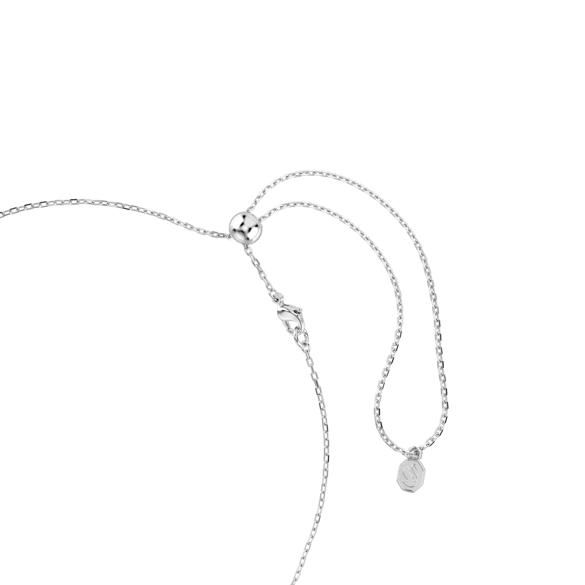 A Swarovski Ariana Grande x Swarovski necklace with mixed-cut multicolored stones and a rhodium-plated chain, featuring an adjustable clasp, is displayed against a plain white background.