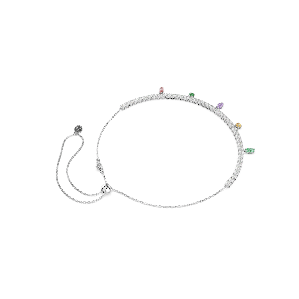 The Swarovski Ariana Grande x Swarovski necklace is a stunning example of adjustable jewelry, featuring mixed-cut, multicolored gemstone charms and sparkling Swarovski Zirconia crystals arranged along part of the rhodium-plated chain.