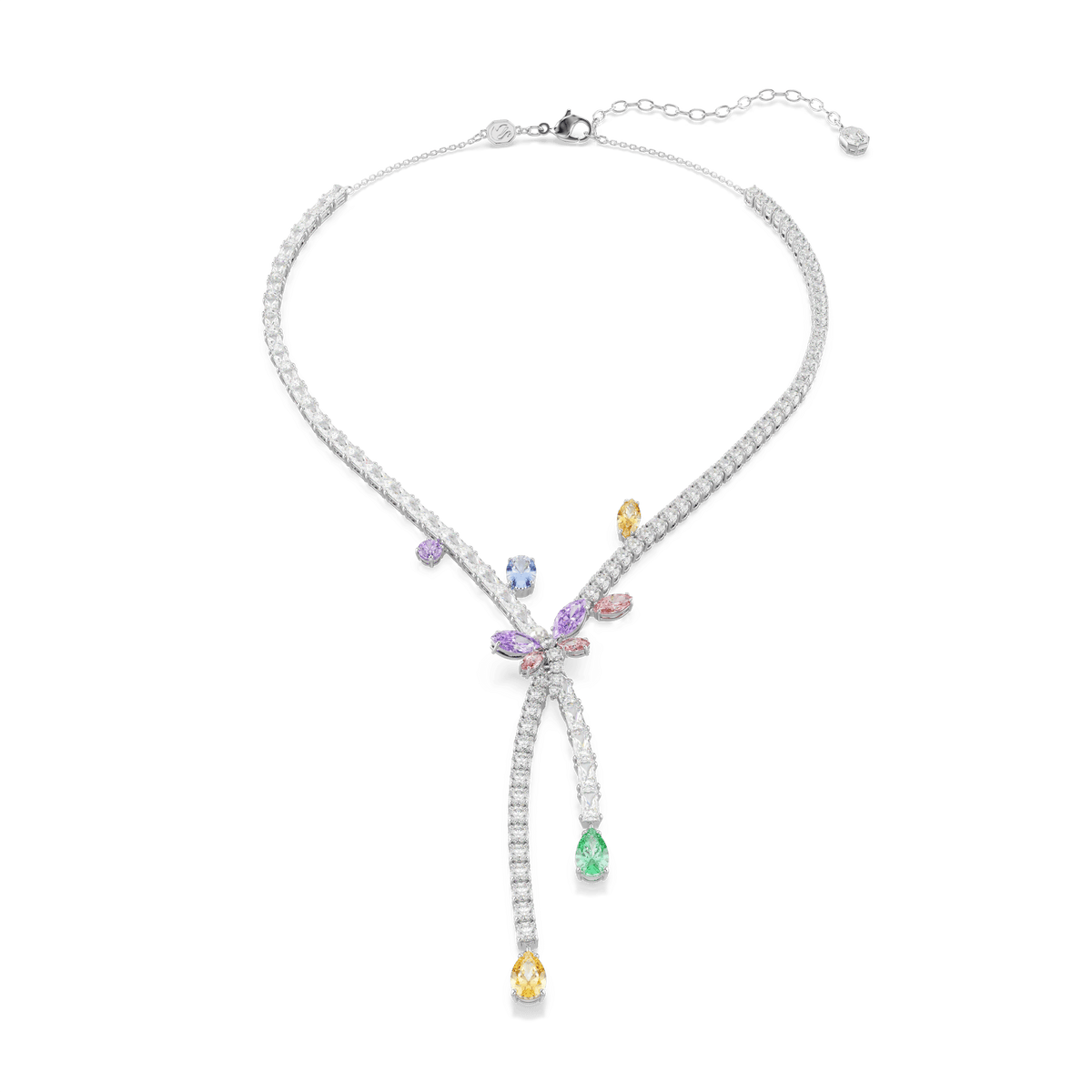 A rhodium-plated Swarovski Ariana Grande x Swarovski necklace featuring a dragonfly-inspired design with mixed-cut multicolored stones in purple, yellow, green, and blue accents, arranged in a floral motif with two dangling strands.