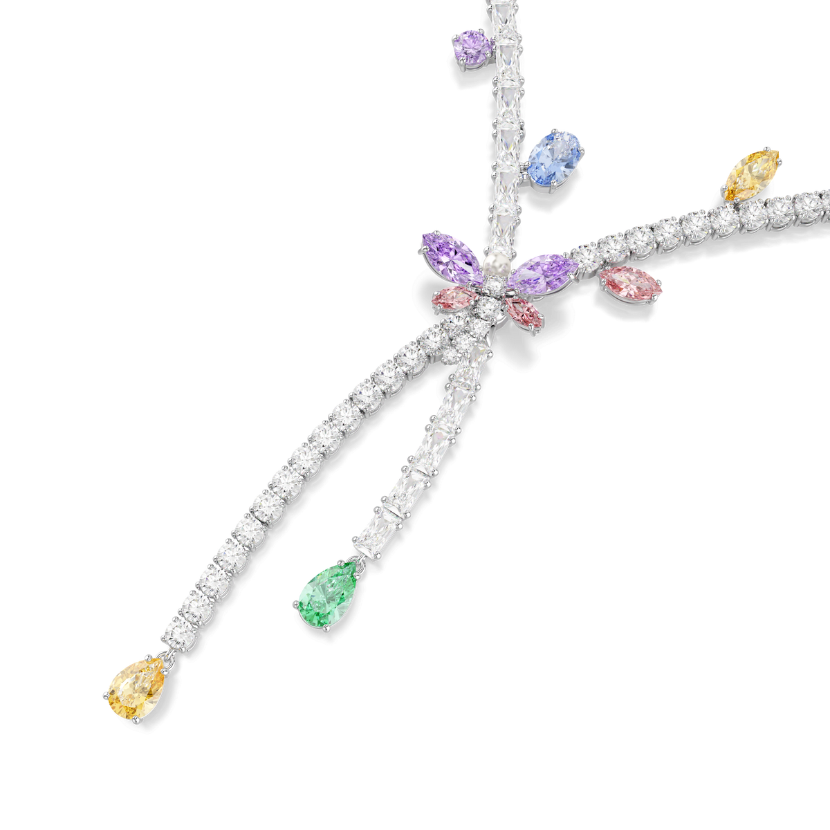 The Swarovski Ariana Grande x Swarovski necklace features multicolored mixed-cut stones arranged on intersecting rhodium-plated strands to form a delicate dragonfly motif. Sparkling Swarovski crystals in shades of yellow, green, blue, pink, and purple evoke the beauty of nature-inspired petals and leaves, enhancing the vibrant charm of this exquisite design.