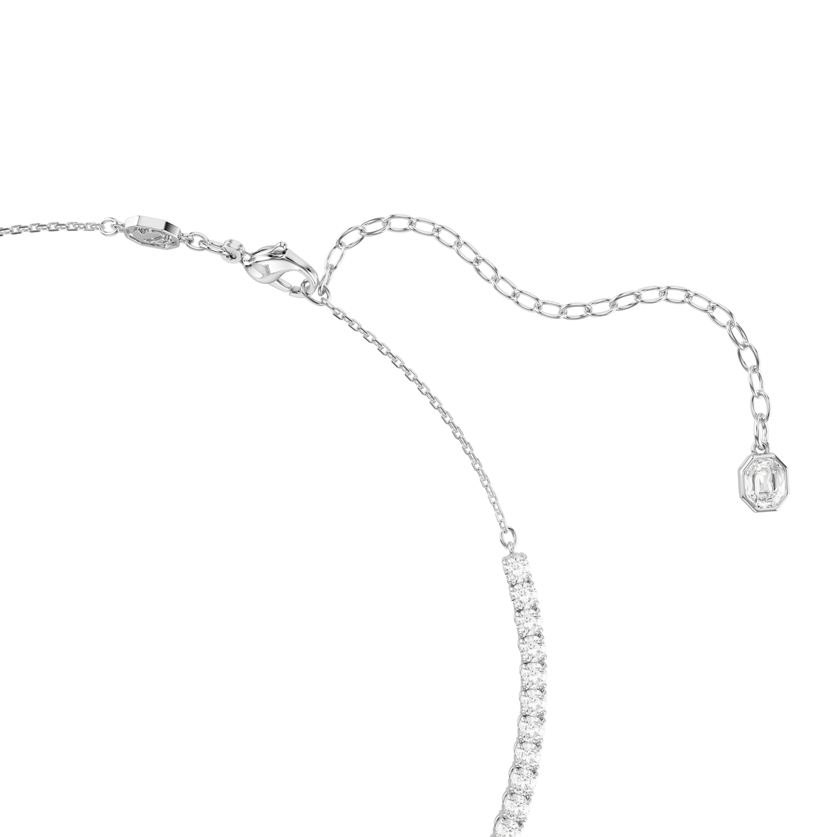 Close-up of the Swarovski Ariana Grande x Swarovski necklace, featuring mixed-cut multicolored stones in a dragonfly design and finished with rhodium plating. The necklace is completed with a lobster clasp, an adjustable chain, and sparkling Swarovski crystals for added brilliance.