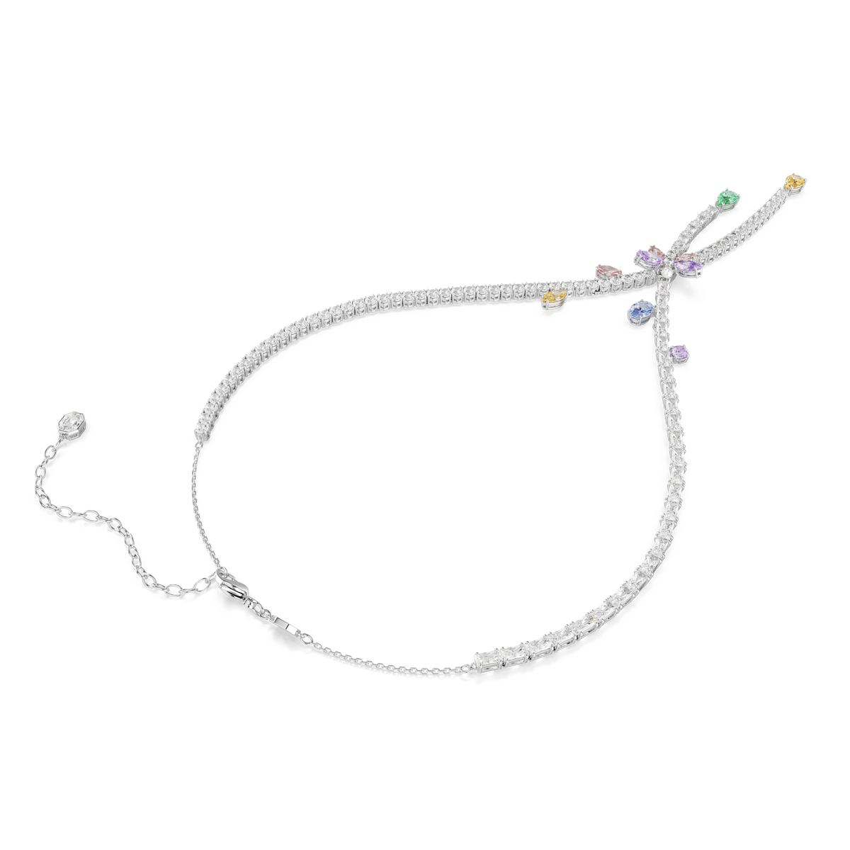 Experience the distinctive elegance of the Swarovski Ariana Grande x Swarovski necklace—an artfully crafted, rhodium-plated piece featuring mixed-cut, multicolored crystals arranged in a whimsical dragonfly design and adorned with sparkling Swarovski Zirconia for dazzling brilliance.