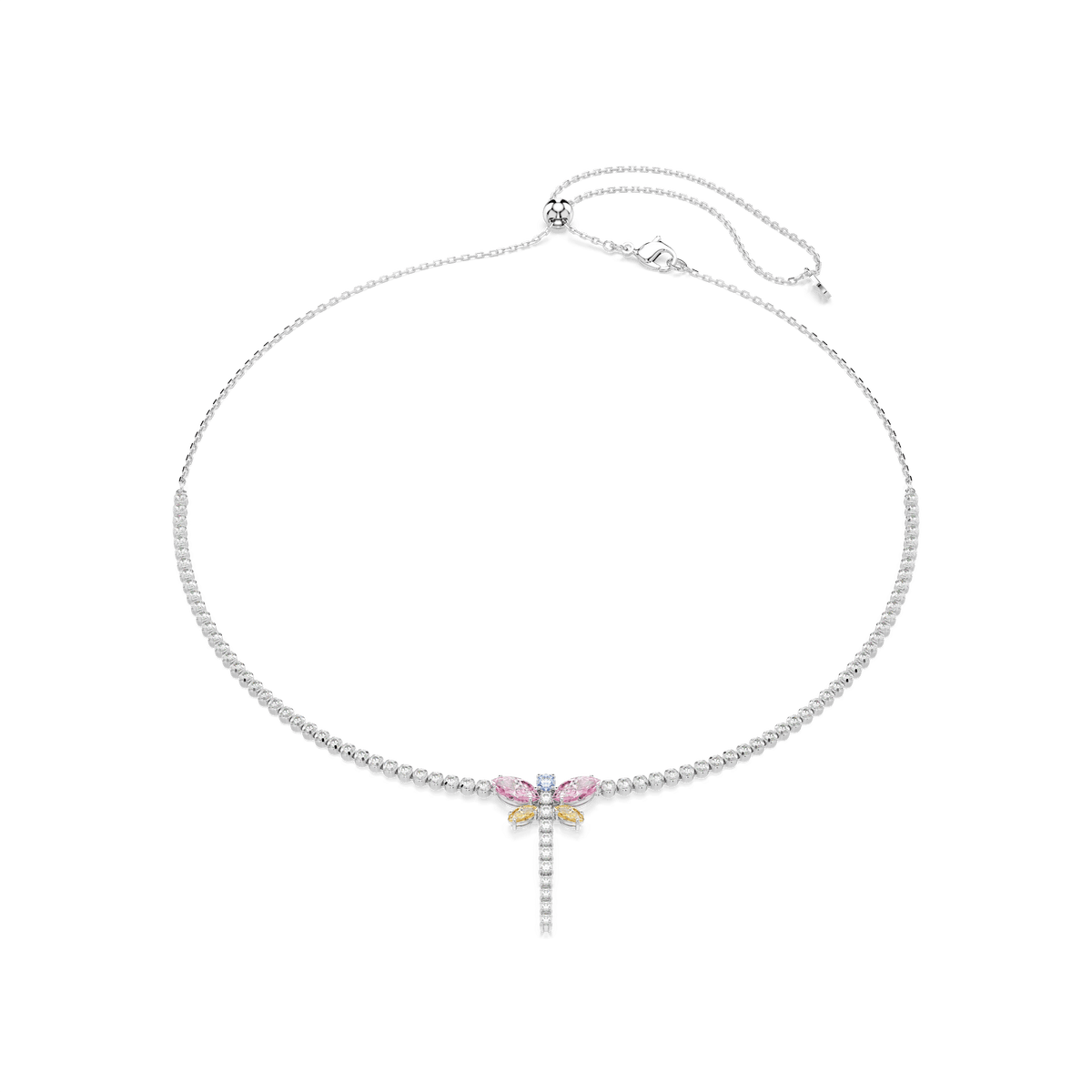 The Swarovski Ariana Grande x Swarovski Y necklace showcases a rhodium-plated cupchain design featuring a multicolored dragonfly pendant with mixed-cut Swarovski Zirconia stones, elegantly displayed on a white background.