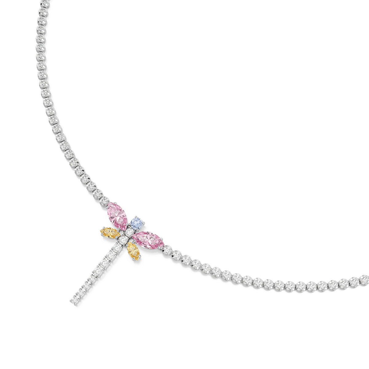 Swarovski Ariana Grande x Swarovski Y necklace featuring a rhodium-plated dragonfly pendant with multicolored mixed-cut gemstones, exquisitely crafted in dragonfly jewelry style and accented with brilliant Swarovski Zirconia, showcased against a plain white background.