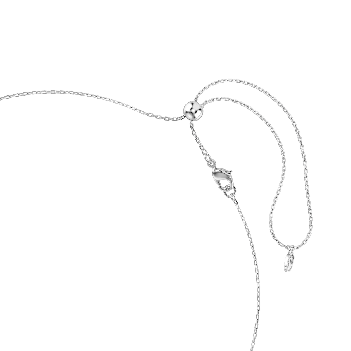 Introducing the Swarovski Ariana Grande x Swarovski Y necklace: a rhodium-plated piece featuring mixed-cut multicolored stones in a dragonfly motif, designed with an adjustable length and showcased against a white background.