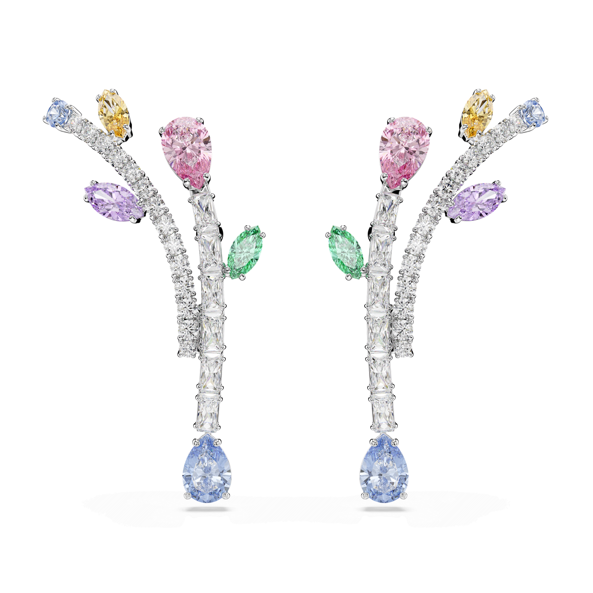 Introducing the Swarovski Ariana Grande x Swarovski drop earrings, exquisitely crafted in rhodium plated metal and featuring a delicate branch design adorned with multicolored gemstones in pink, yellow, green, blue, and purple, as well as sparkling clear Swarovski Zirconia diamonds.