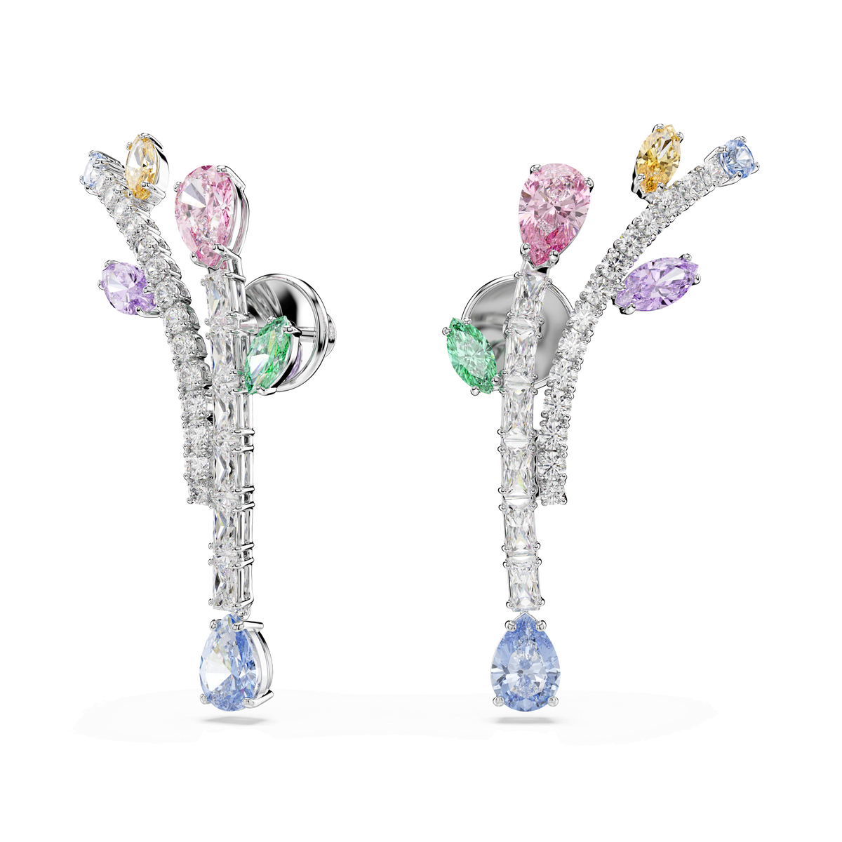 Introducing the Swarovski Ariana Grande x Swarovski drop earrings, an elegant pair of rhodium plated silver earrings featuring curved branches adorned with mixed-cut multicolored Swarovski Zirconia in pink, yellow, green, purple, and blue hues for added brilliance.