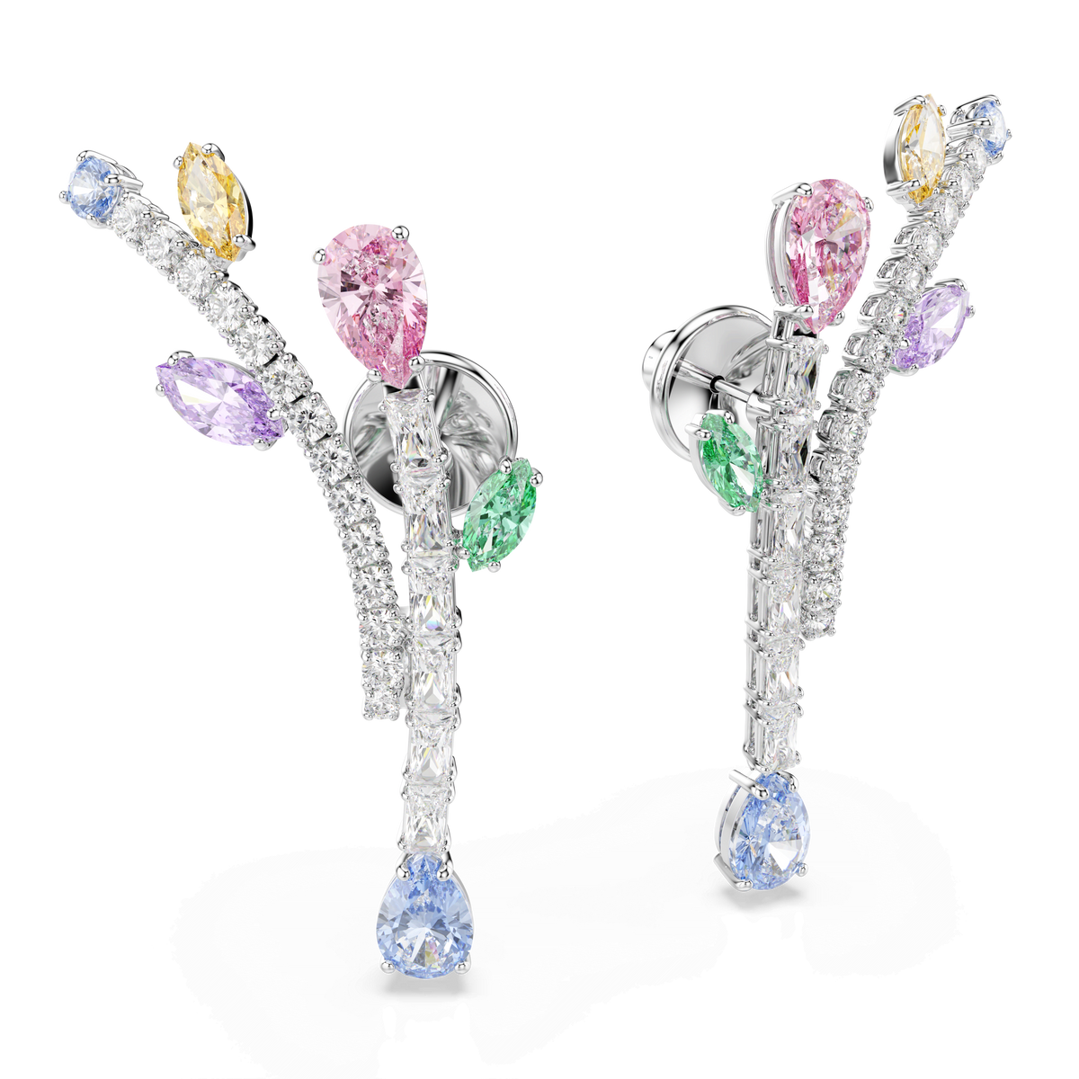 Discover the Swarovski Ariana Grande x Swarovski drop earrings, featuring mixed-cut multicolored gemstones in pastel hues—pink, yellow, green, purple, and blue—set along a gracefully curved, rhodium-plated structure accented with sparkling diamonds. These exquisite earrings by Swarovski radiate modern elegance and contemporary style.